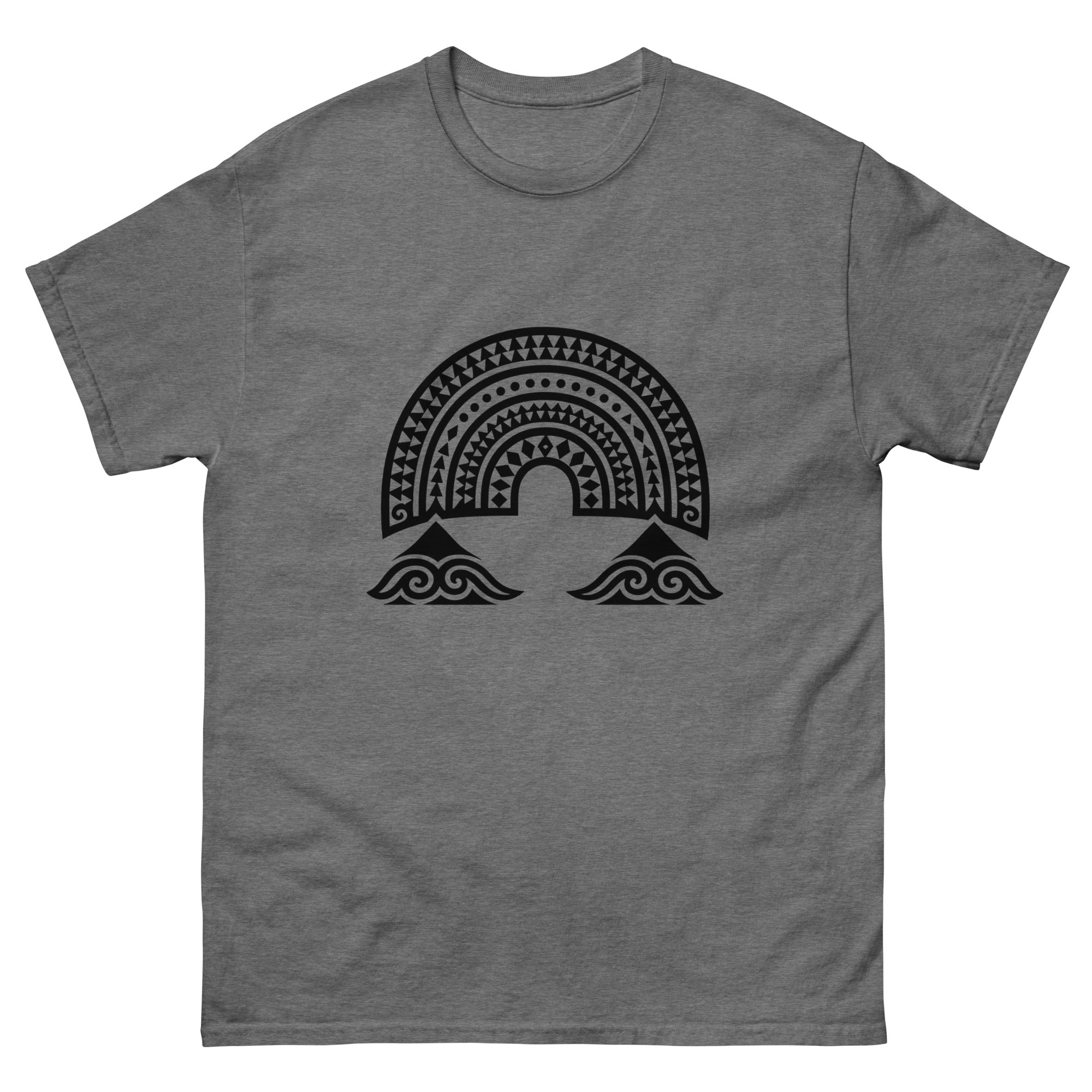 Anuenue Rainbow Hawaiian t-shirt design on a Graphite Heather unisex tee