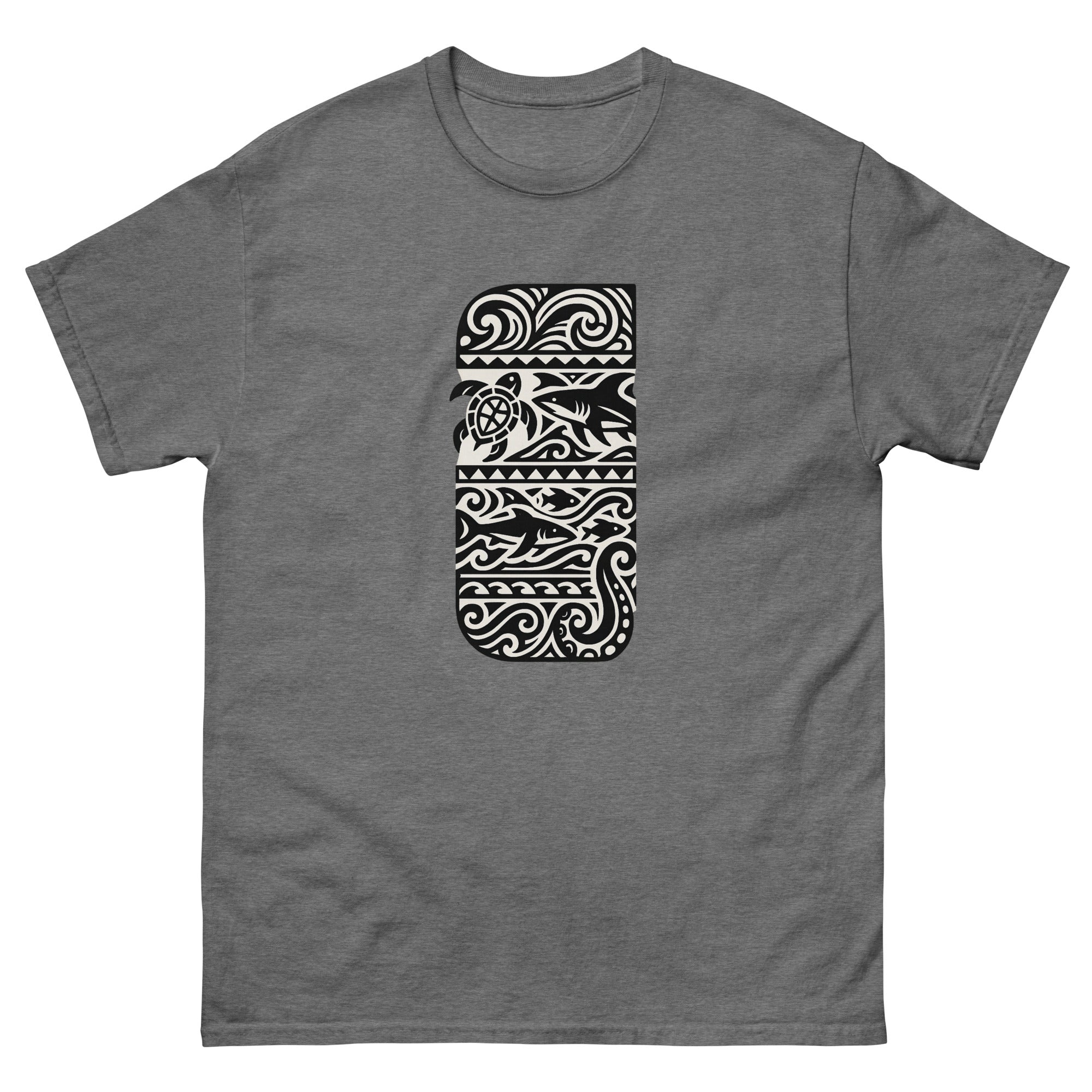 Half Sleeve Ocean Hawaiian t-shirt design on a Graphite Heather unisex tee