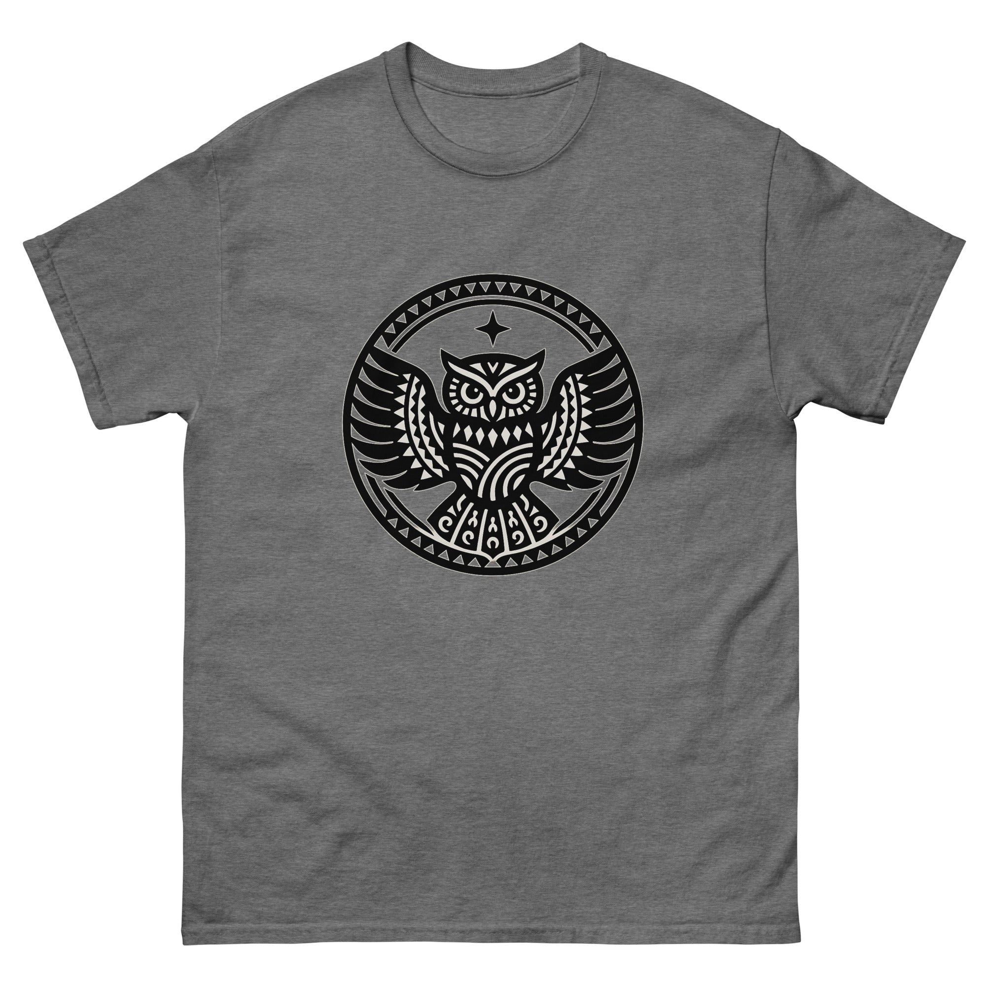Pueo Aumakua Medallion Hawaiian t-shirt design on a Graphite Heather unisex tee