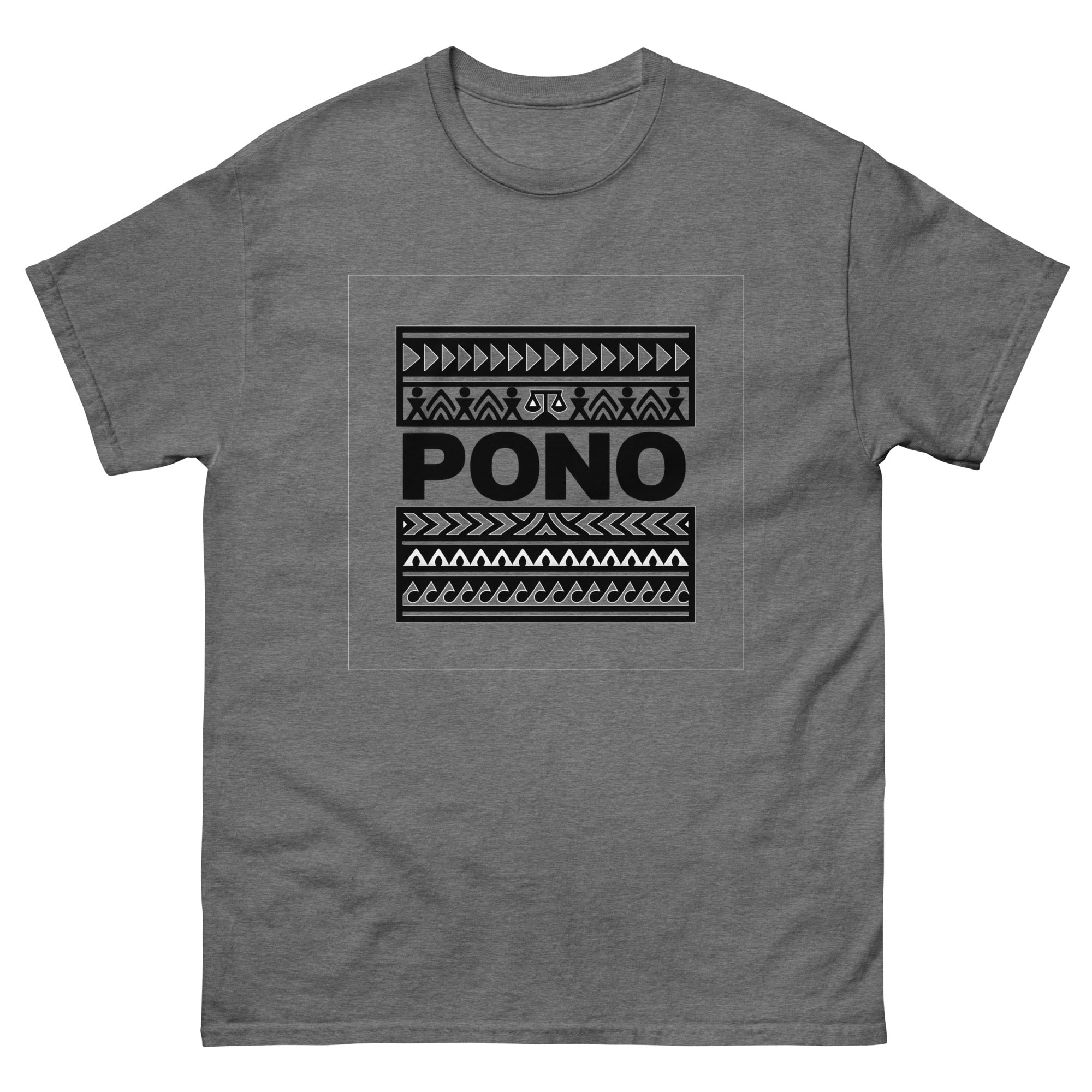 Pono Hawaiian t-shirt design on a Graphite Heather unisex tee