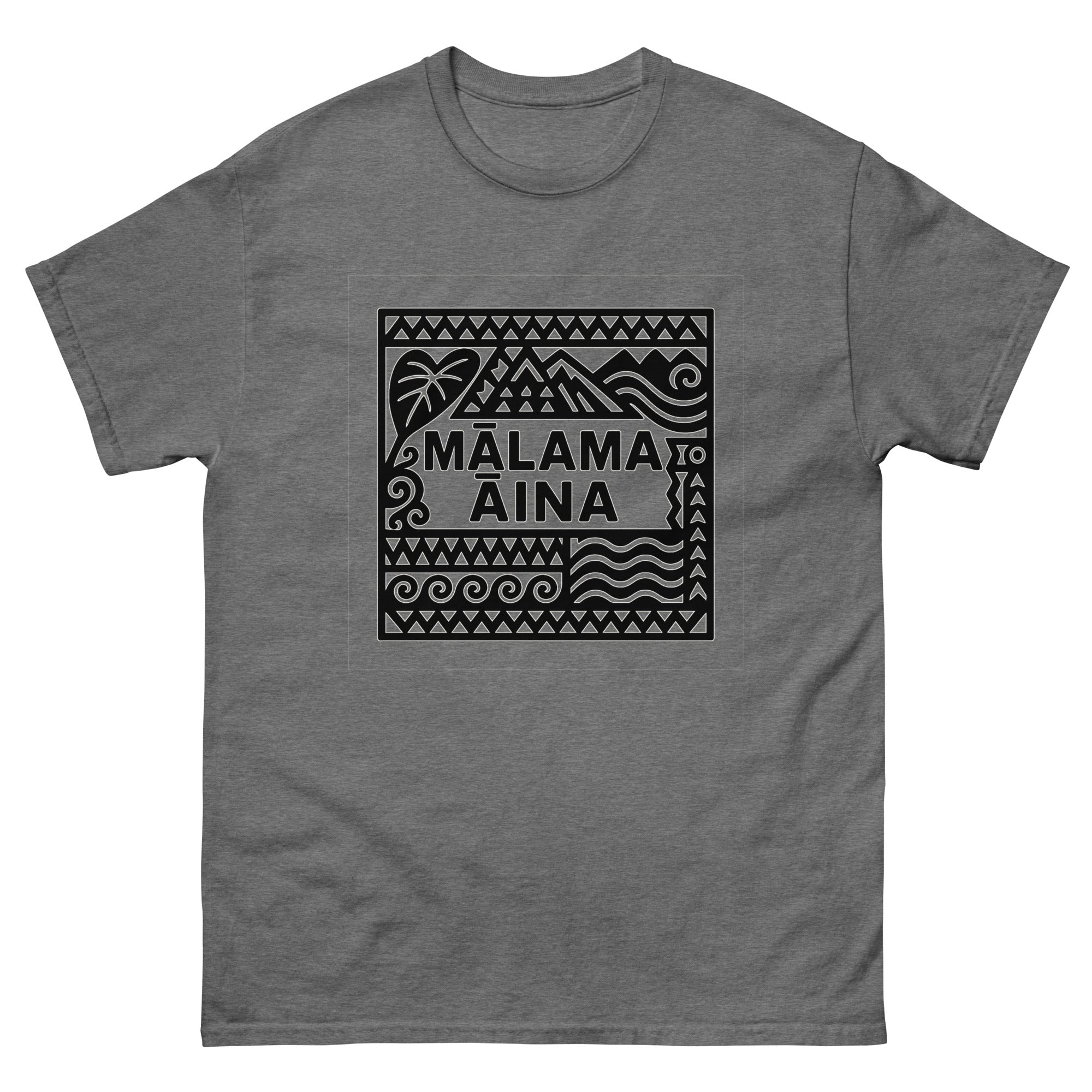 Malama Aina Hawaiian t-shirt design on a Graphite Heather unisex tee