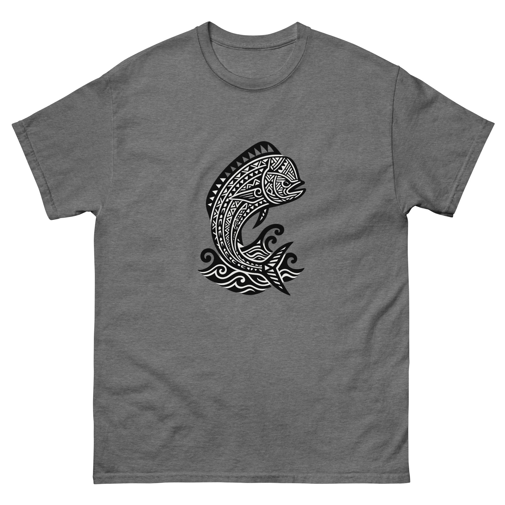 Mahimahi Kakau Hawaiian t-shirt design on a Graphite Heather unisex tee