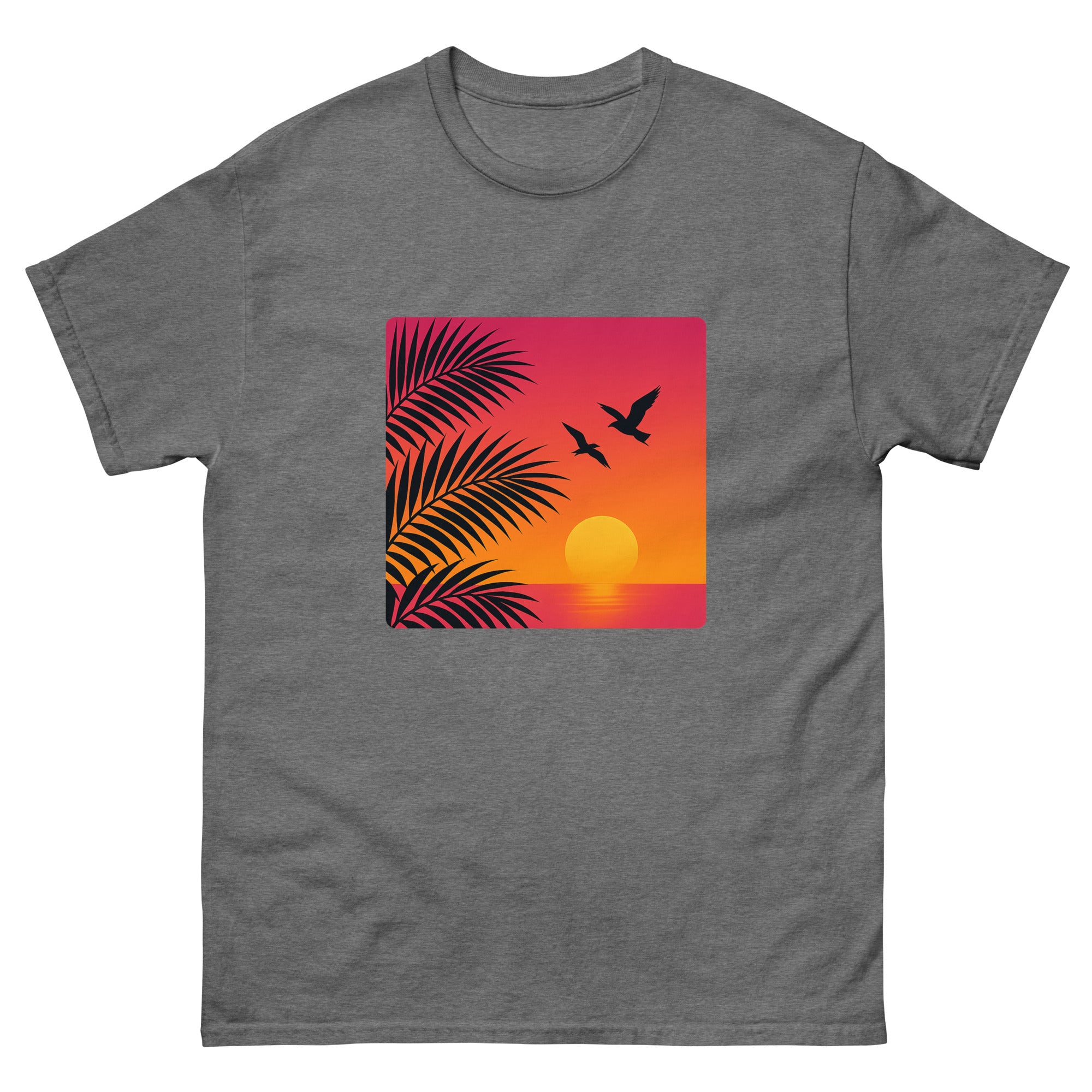 Sunset Palms Silhouette Hawaiian t-shirt design on a Graphite Heather unisex tee