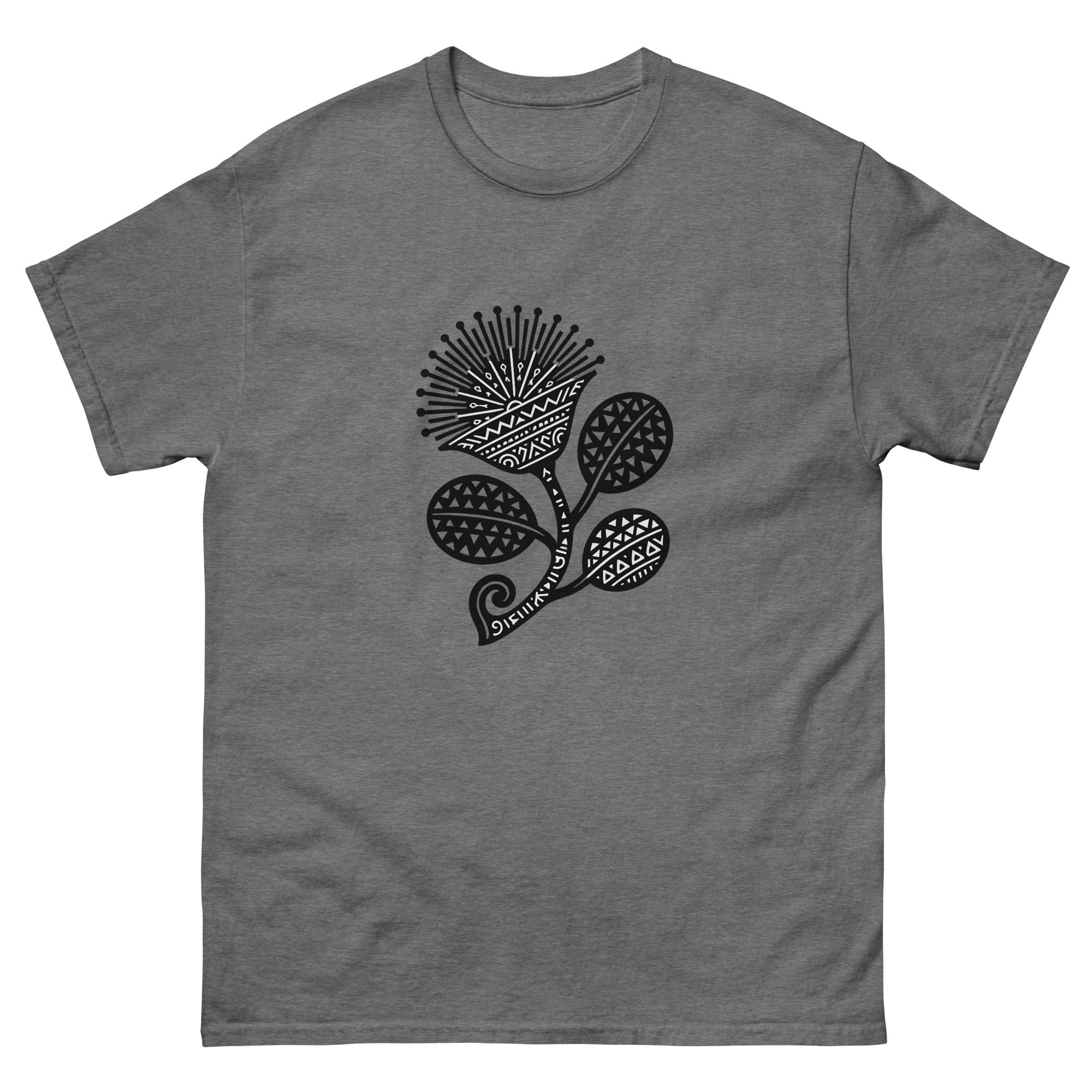 Lehua Kakau Hawaiian t-shirt design on a Graphite Heather unisex tee