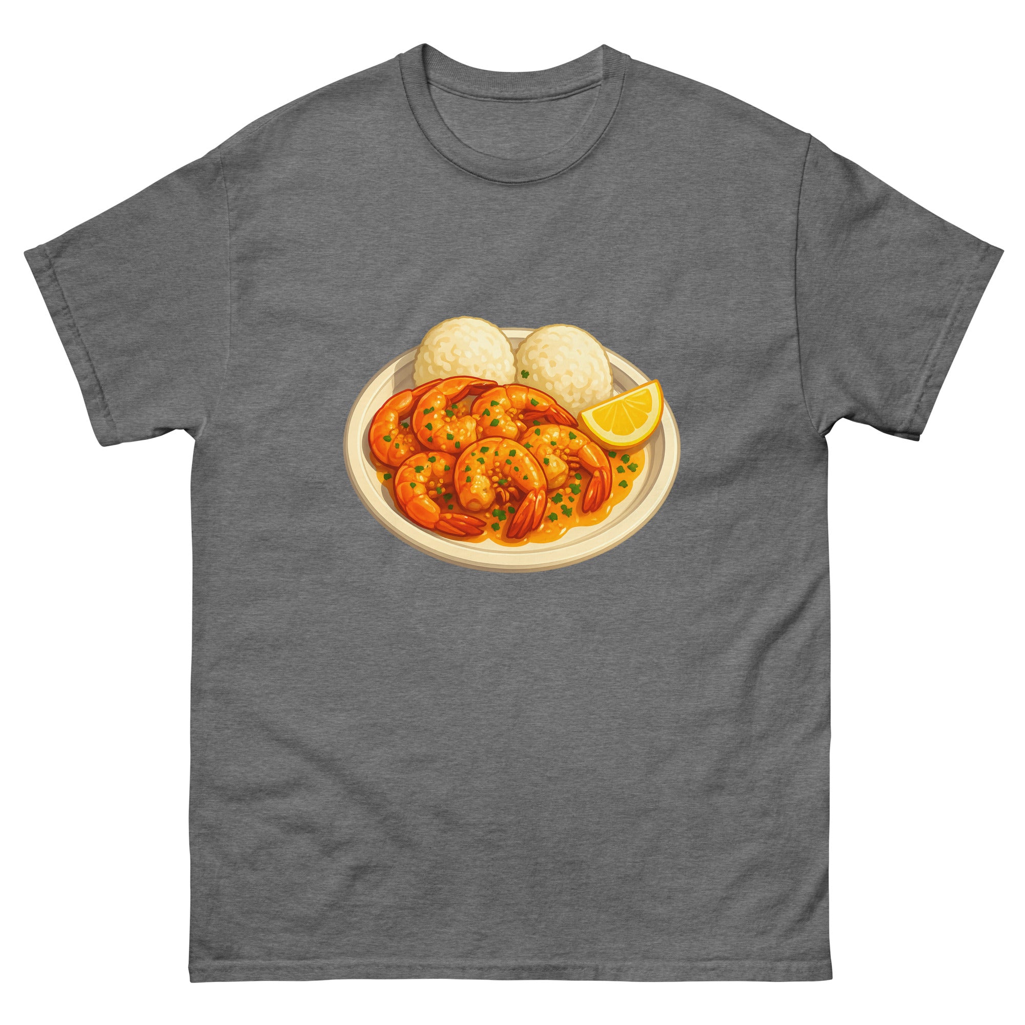 Garlic Shrimp Plate Hawaiian t-shirt design on a Graphite Heather unisex tee