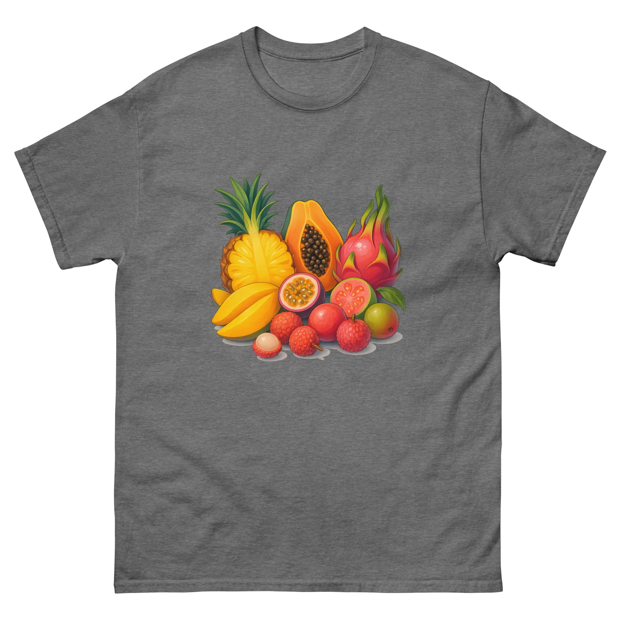 Tropical Fruit Spread Hawaiian t-shirt design on a Graphite Heather unisex tee
