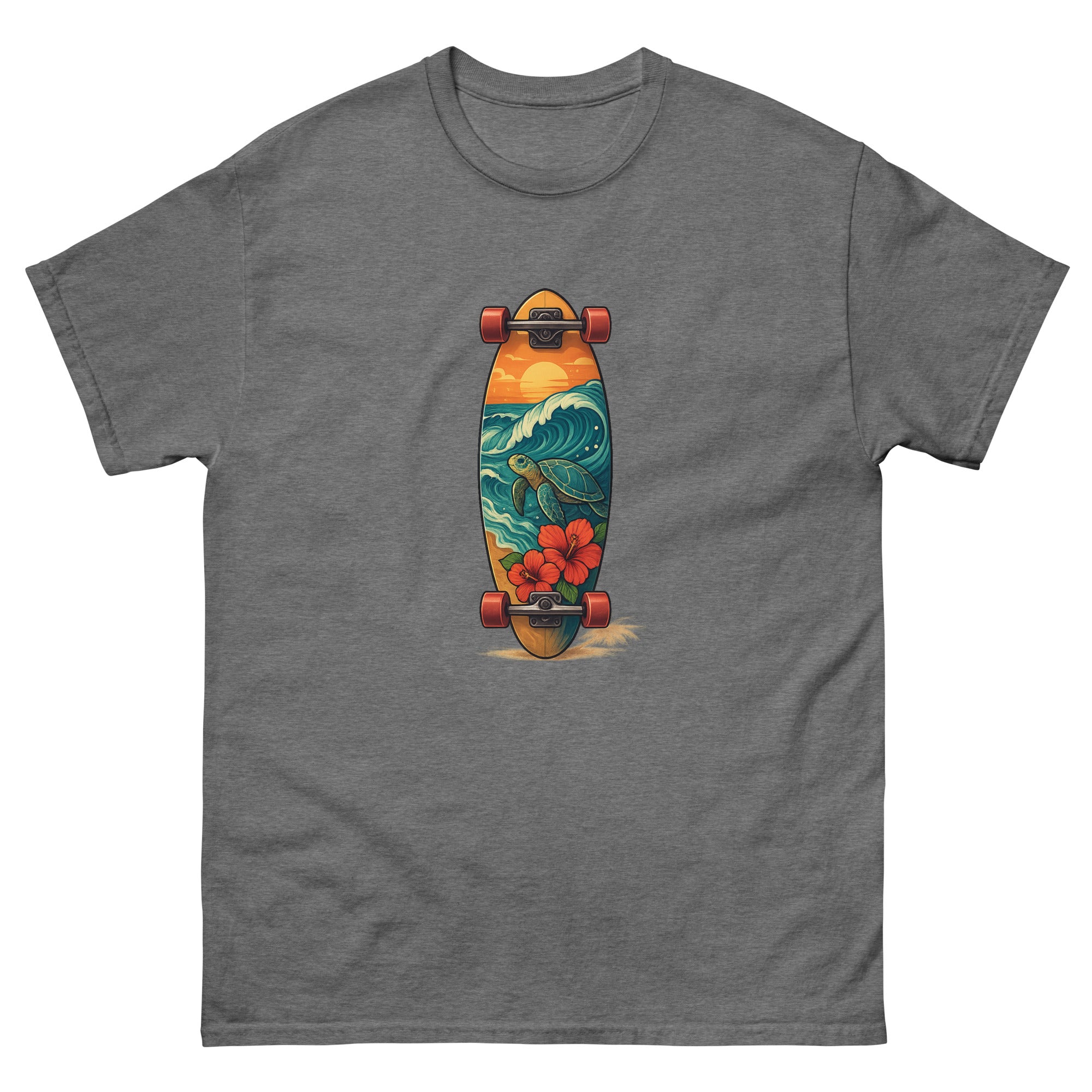 Surfboard Art Hawaiian t-shirt design on a Graphite Heather unisex tee