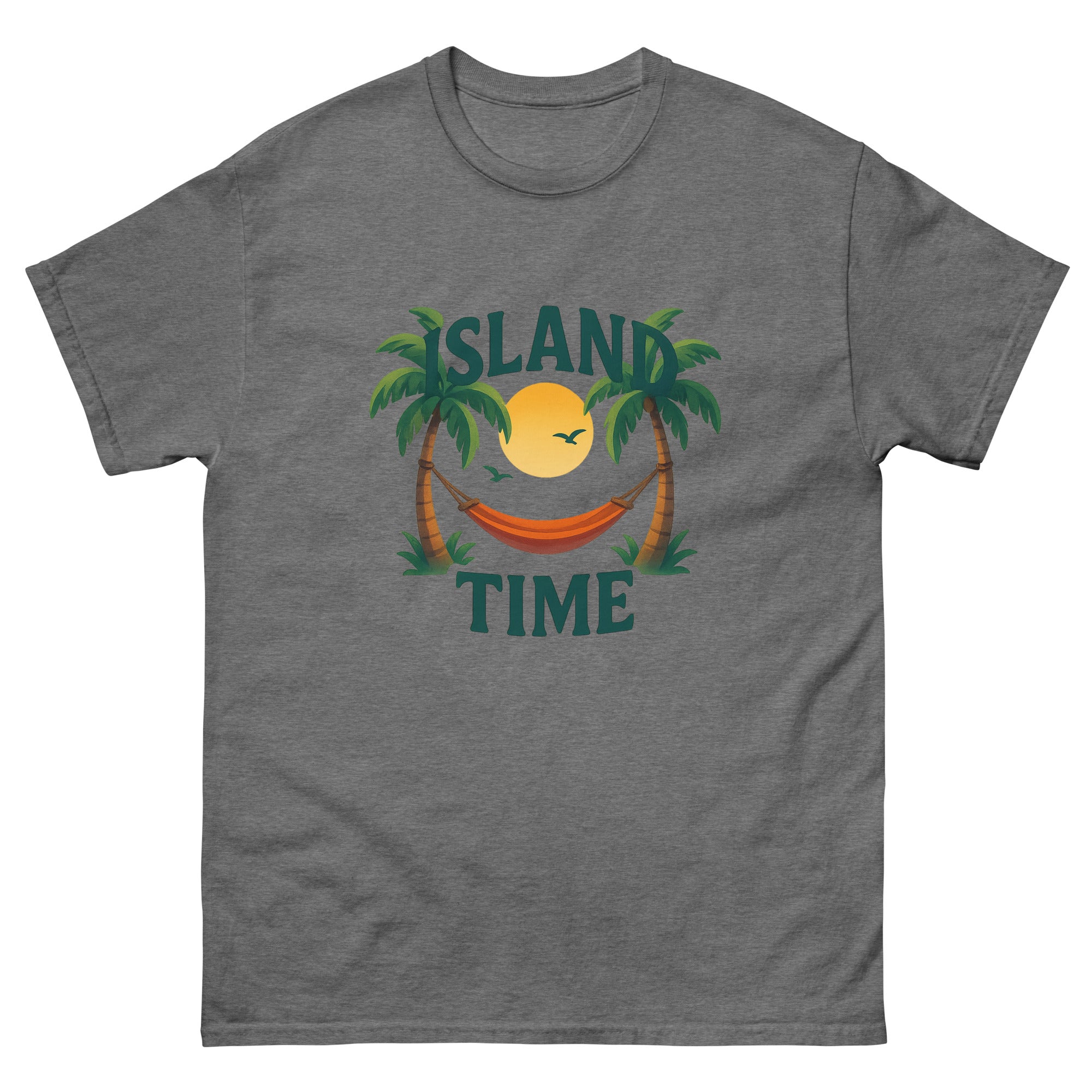 Island Time Type Hawaiian t-shirt design on a Graphite Heather unisex tee