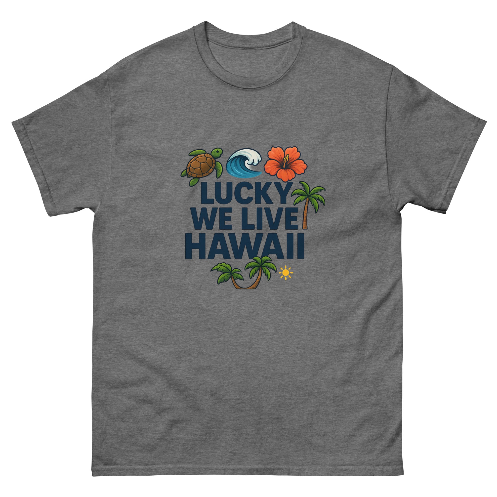 Lucky We Live Hawaii Type Hawaiian t-shirt design on a Graphite Heather unisex tee