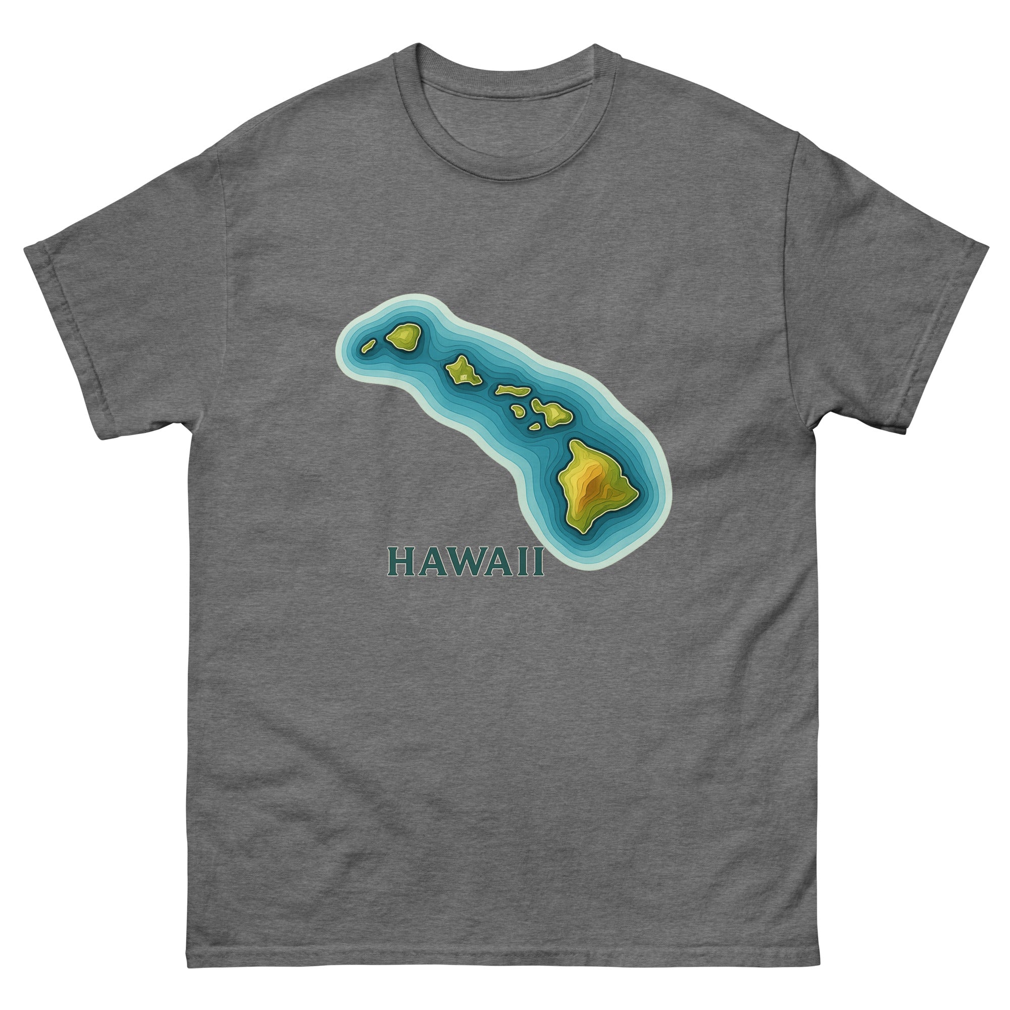 Hawaii Topographic Hawaiian t-shirt design on a Graphite Heather unisex tee