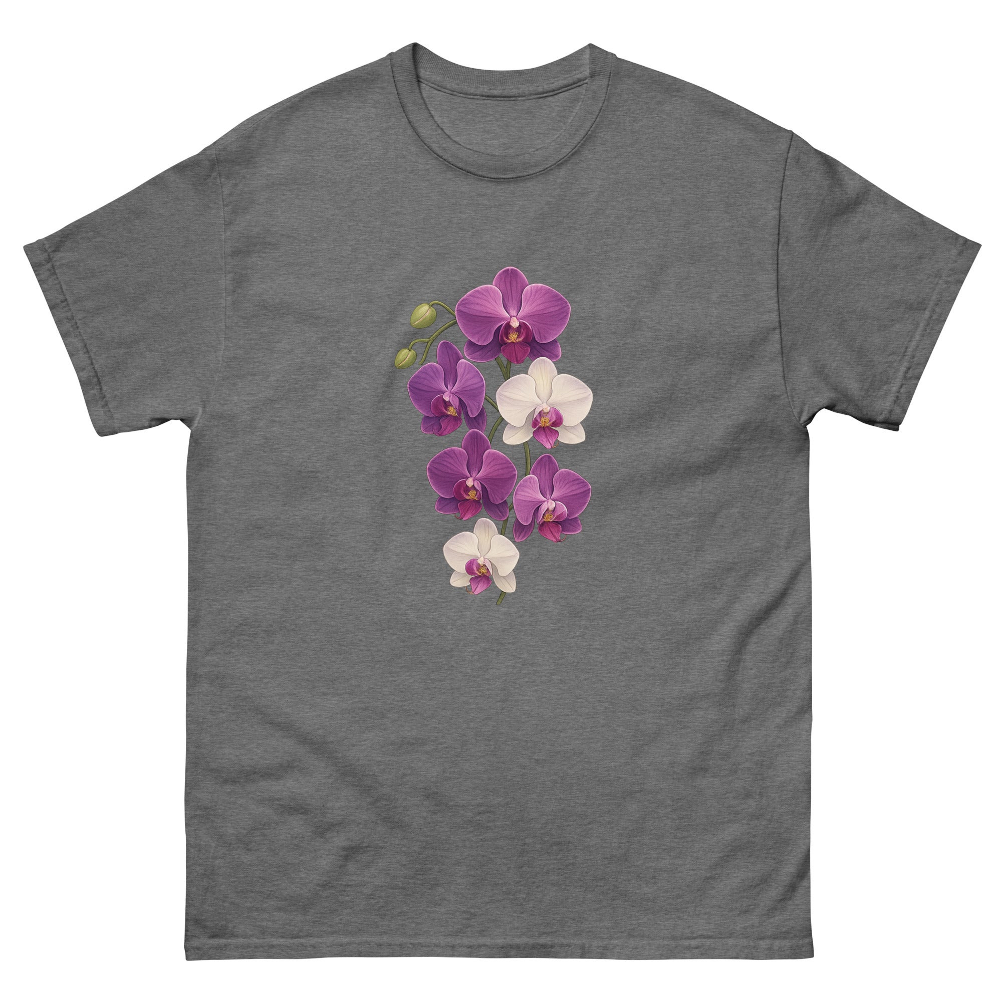 Orchid Cascade Hawaiian t-shirt design on a Graphite Heather unisex tee