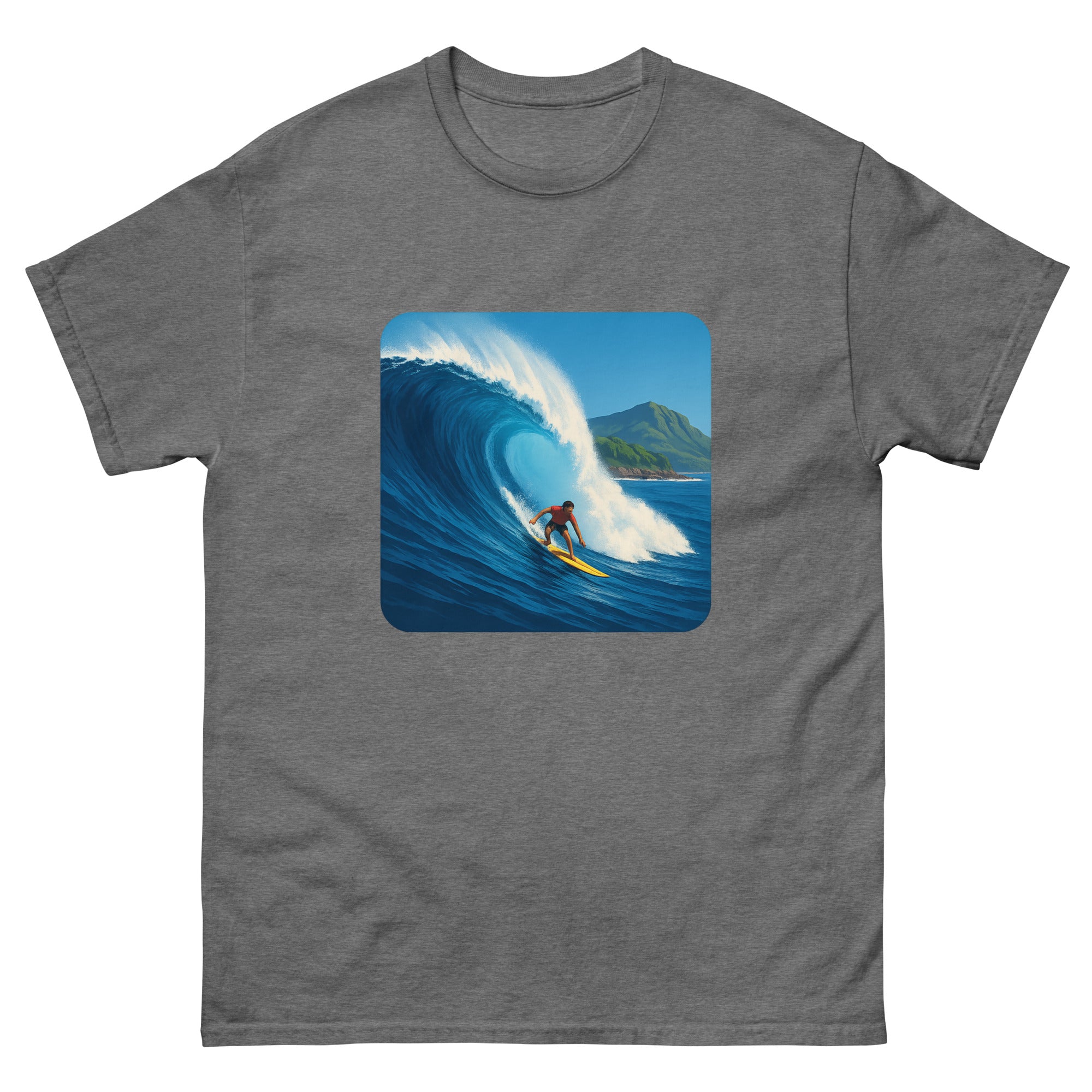 Waimea Bay Drop Hawaiian t-shirt design on a Graphite Heather unisex tee