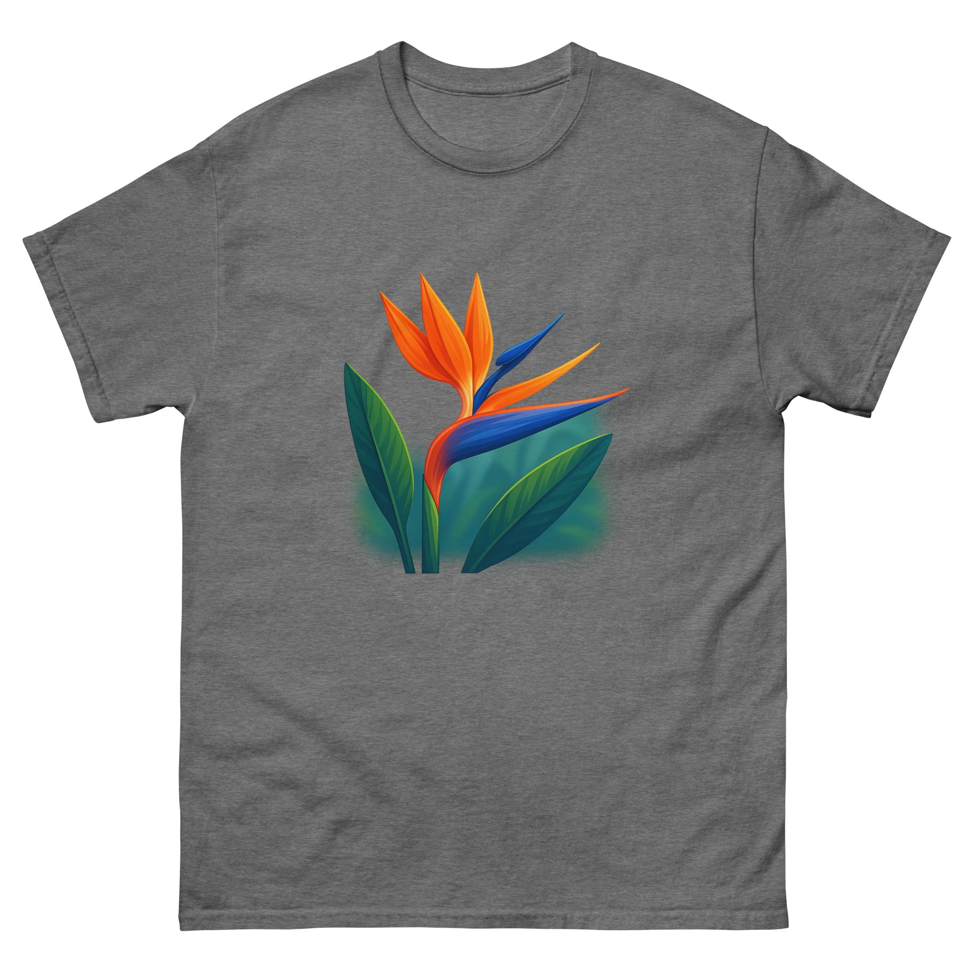 Bird Of Paradise Hawaiian t-shirt design on a Graphite Heather unisex tee