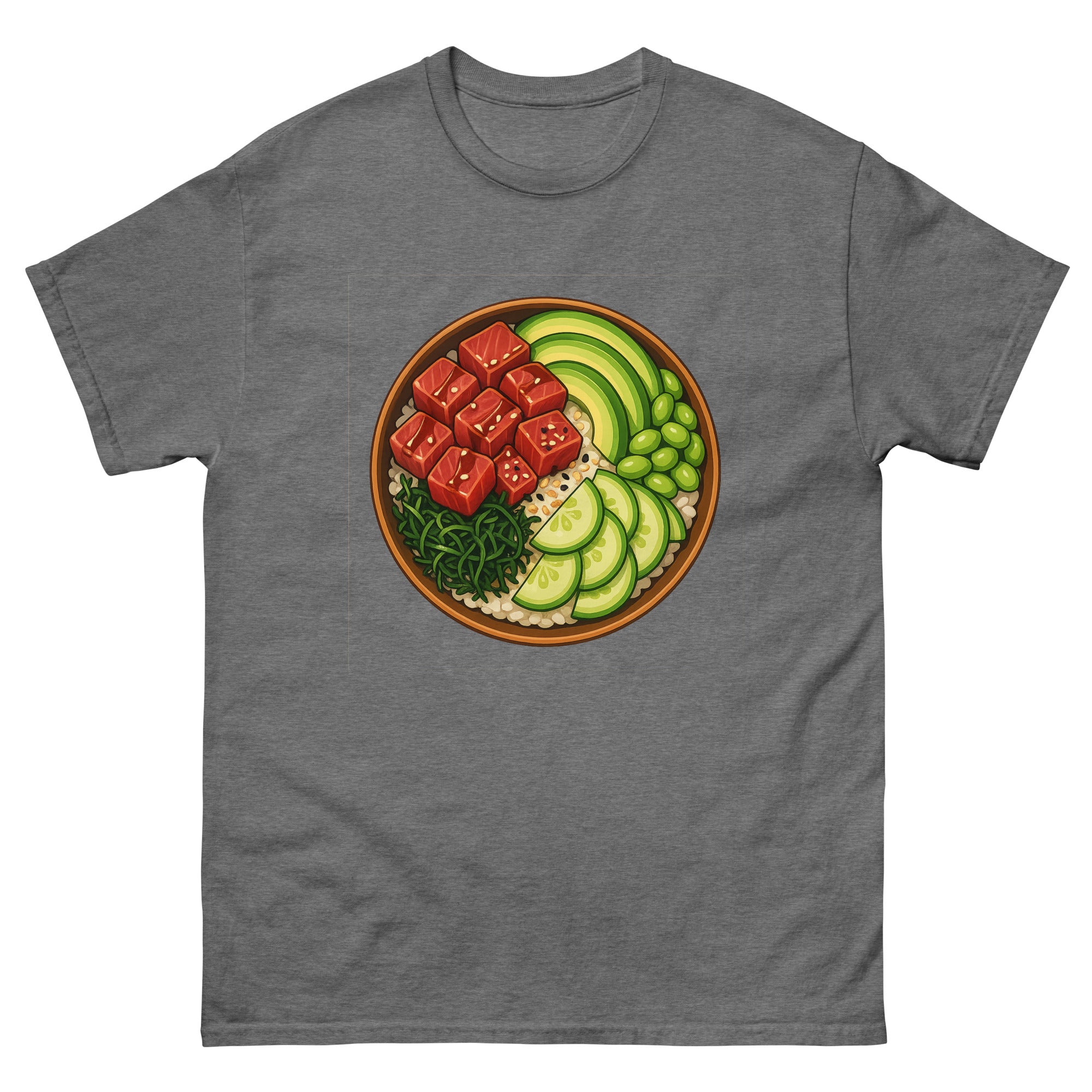 Poke Bowl Hawaiian t-shirt design on a Graphite Heather unisex tee