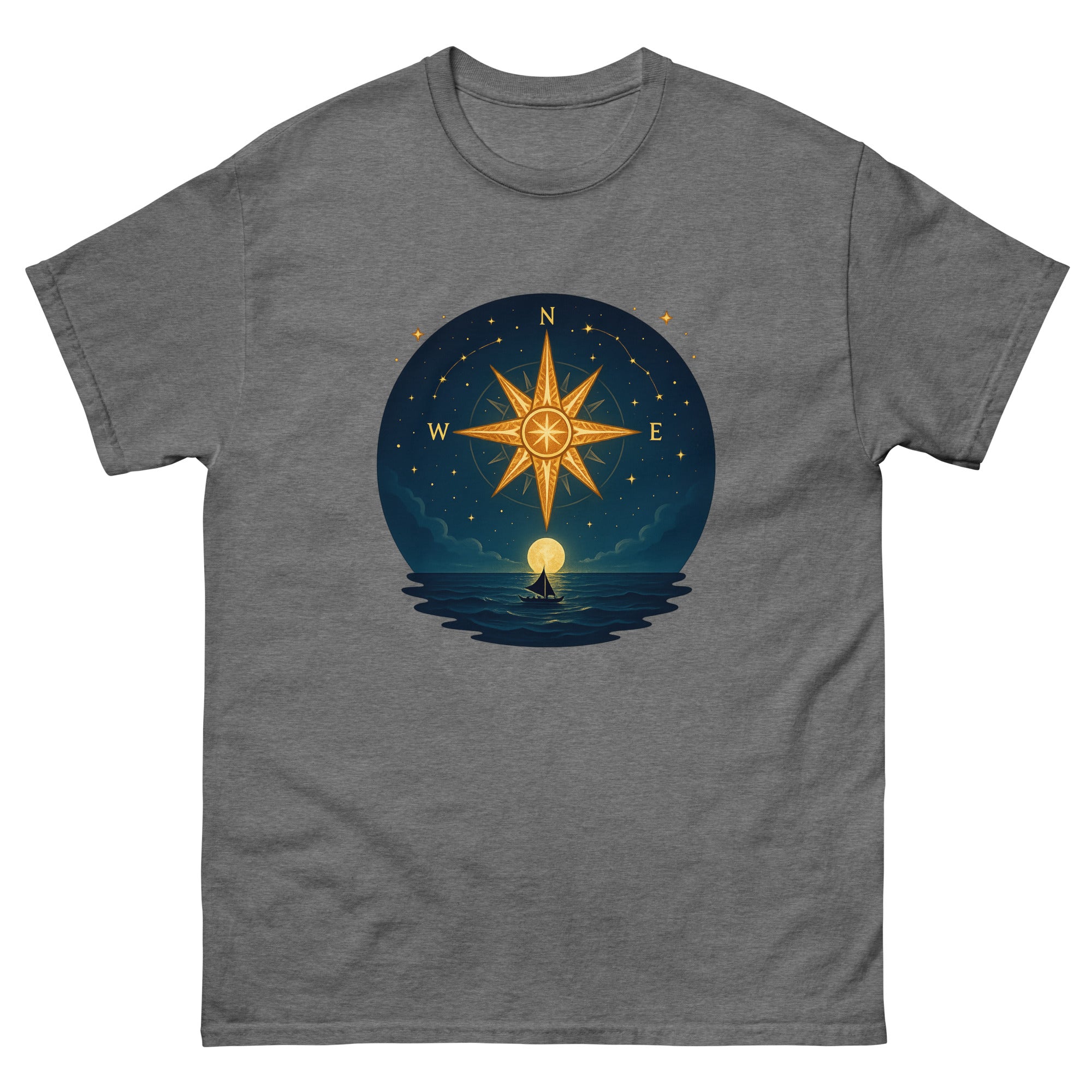 Wayfinding Stars Hawaiian t-shirt design on a Graphite Heather unisex tee