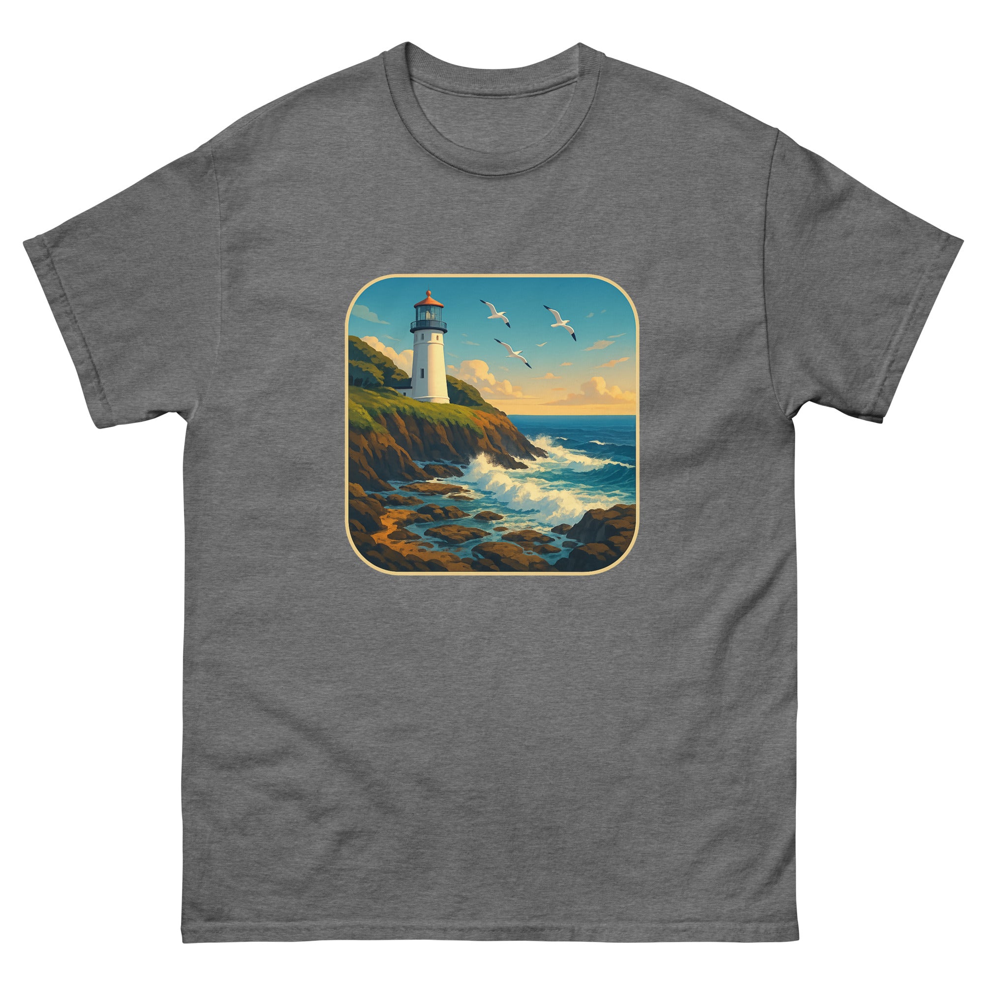Lighthouse Point Hawaiian t-shirt design on a Graphite Heather unisex tee