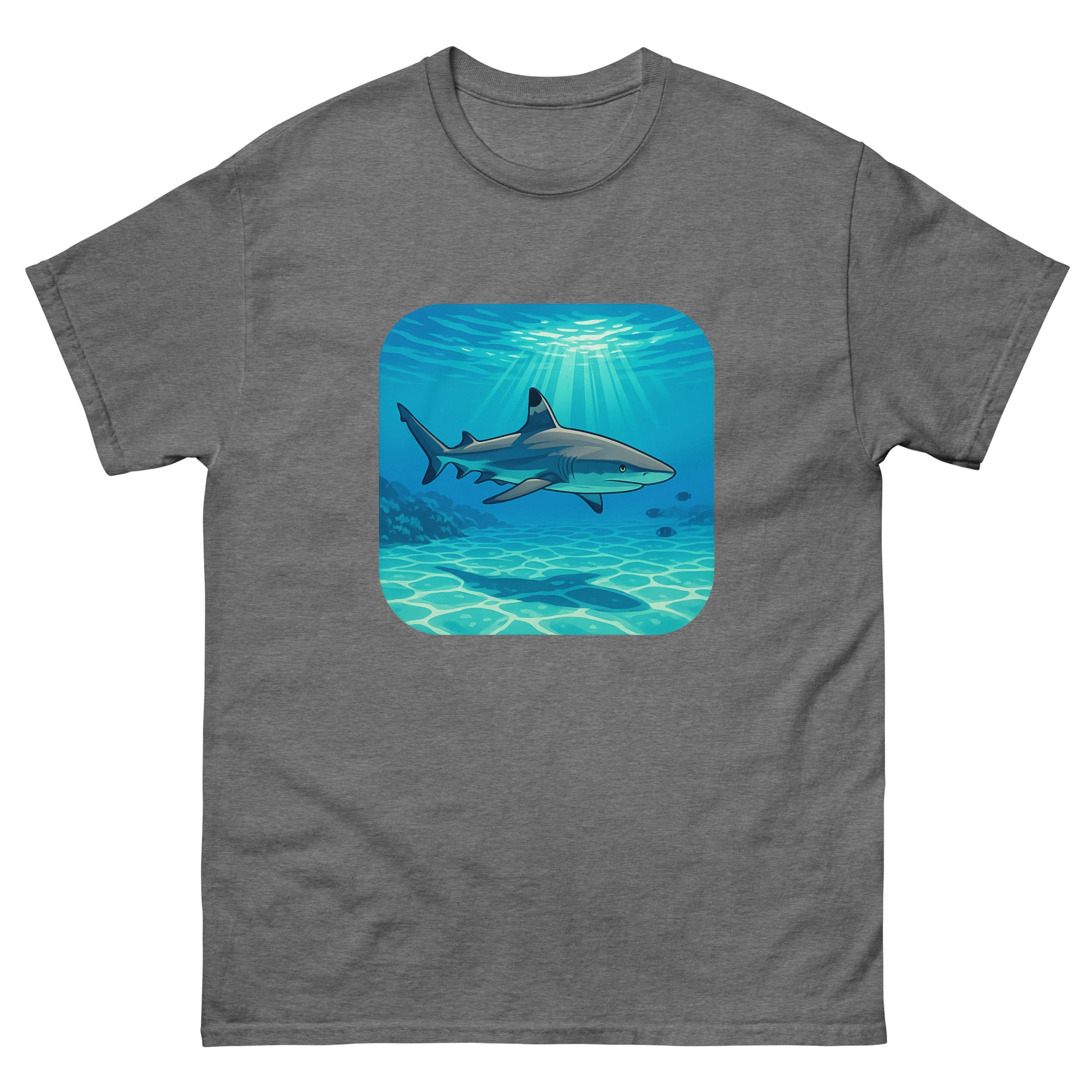 Reef Shark Cruise Hawaiian t-shirt design on a Graphite Heather unisex tee