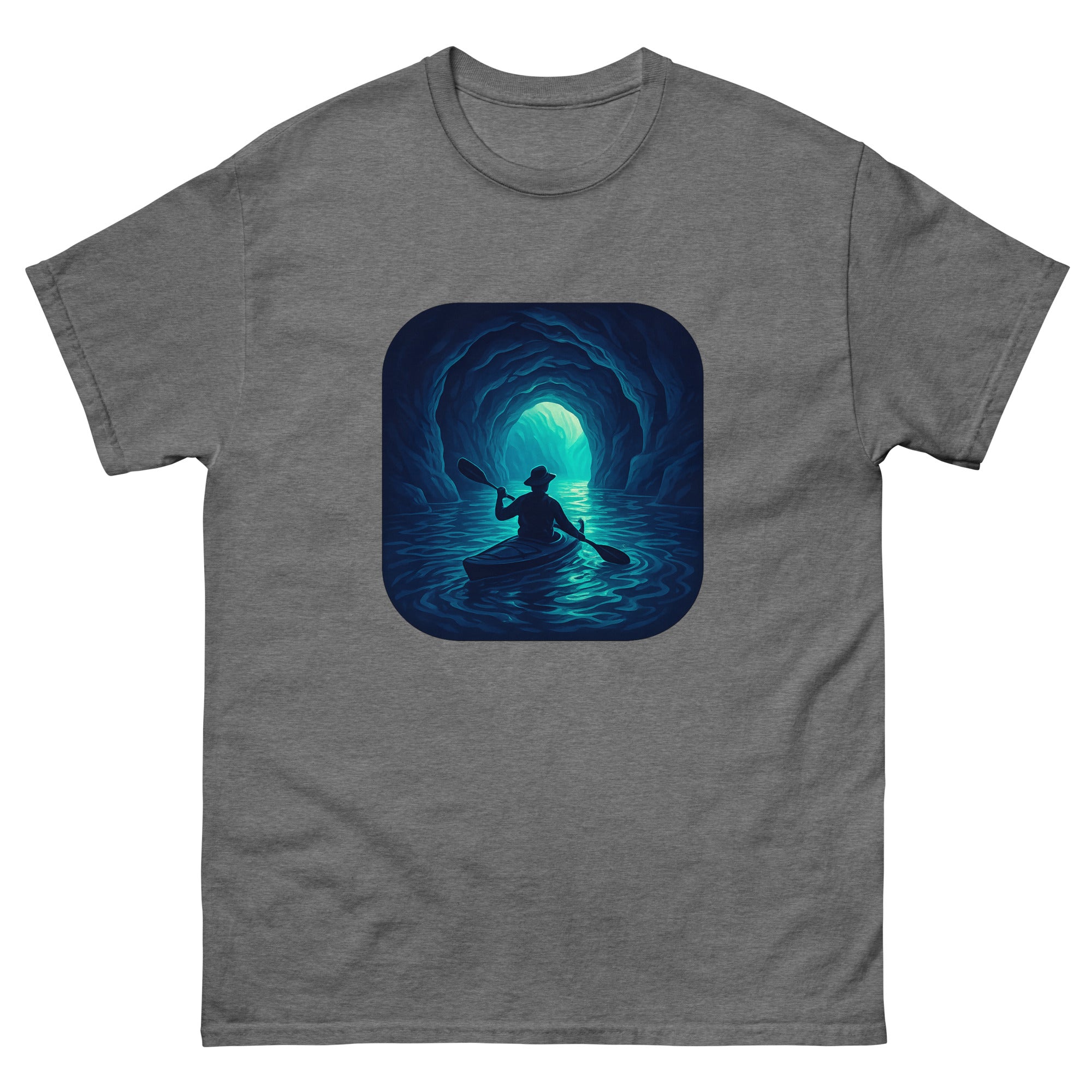 Sea Cave Kayak Hawaiian t-shirt design on a Graphite Heather unisex tee