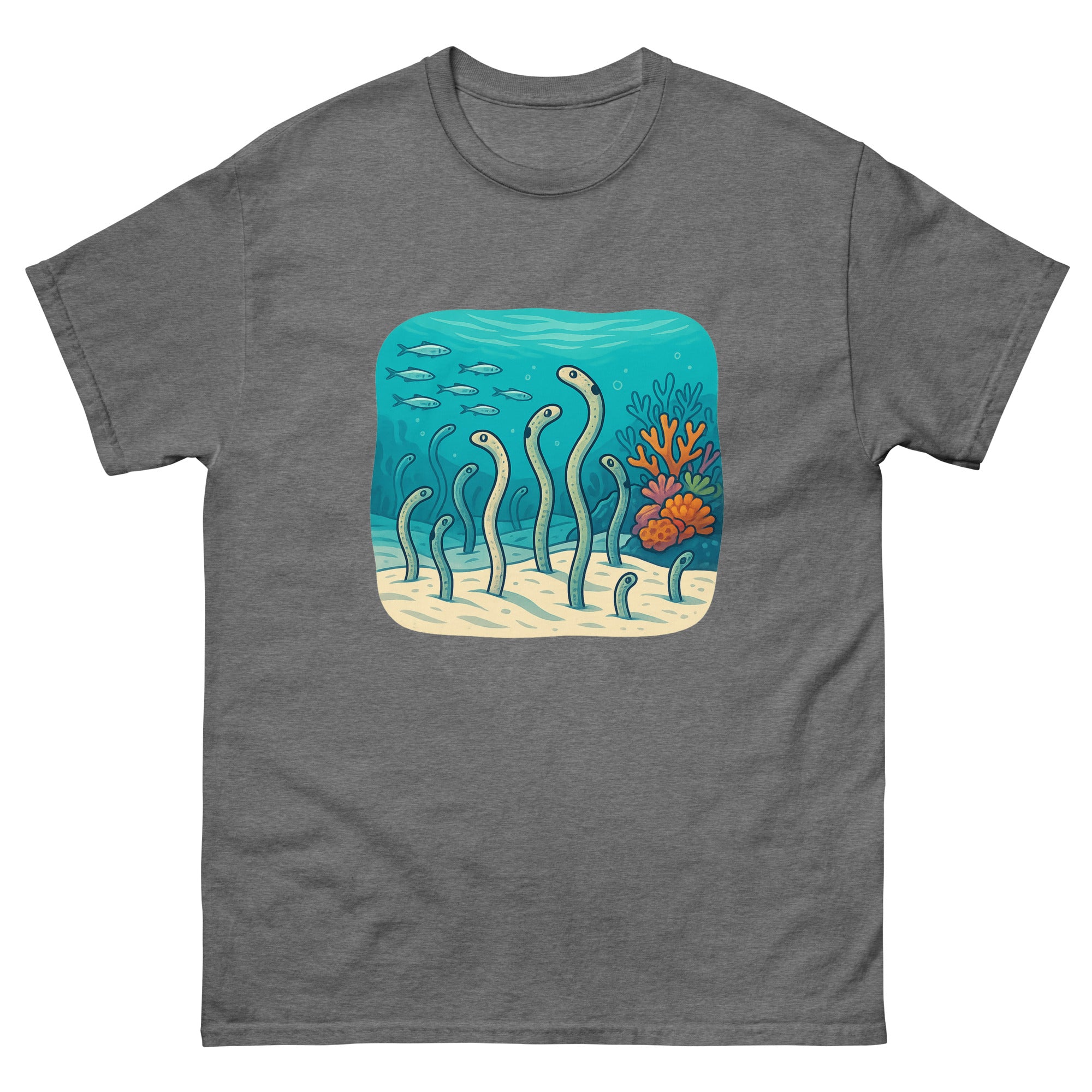 Garden Eels Reef Hawaiian t-shirt design on a Graphite Heather unisex tee