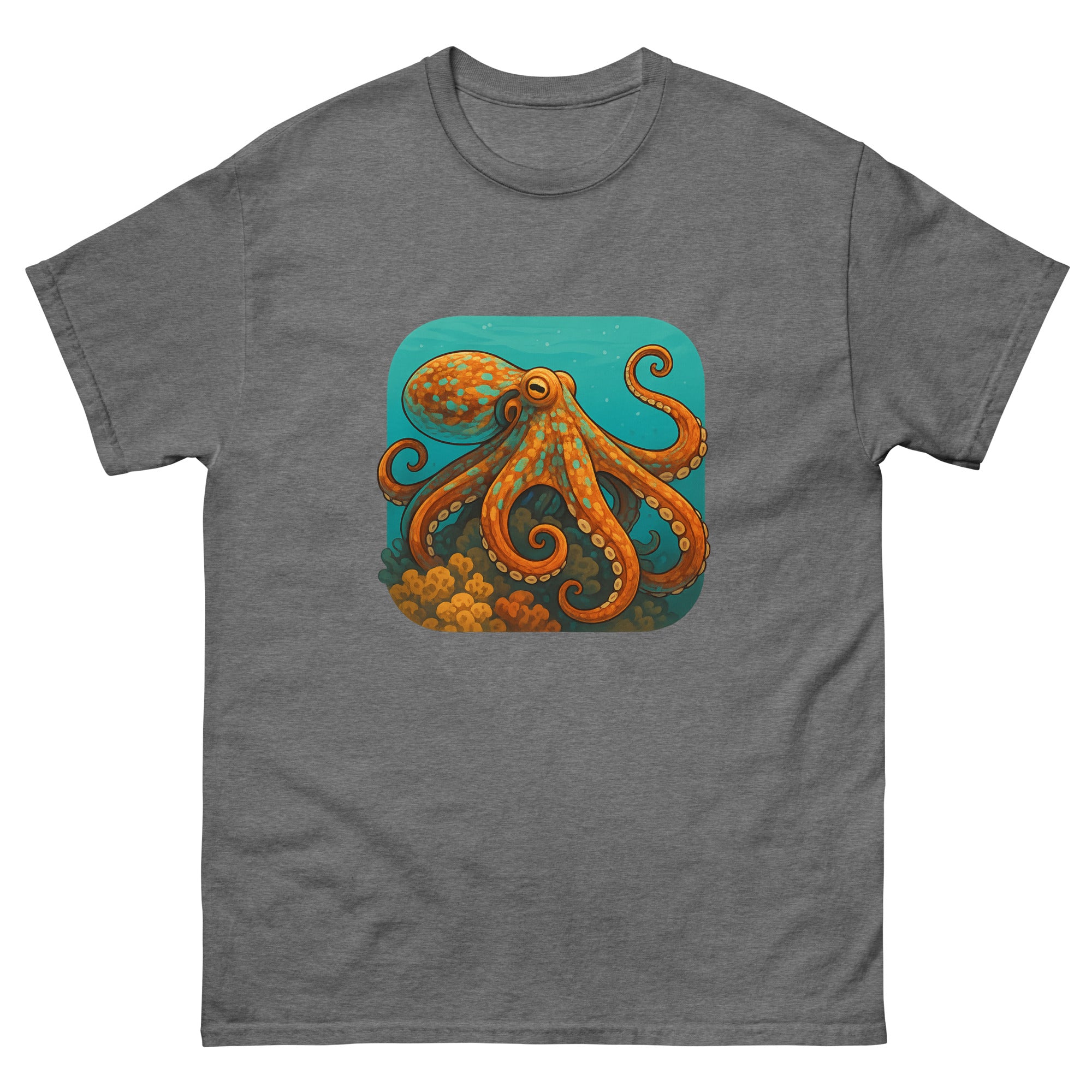 Octopus On The Reef Hawaiian t-shirt design on a Graphite Heather unisex tee