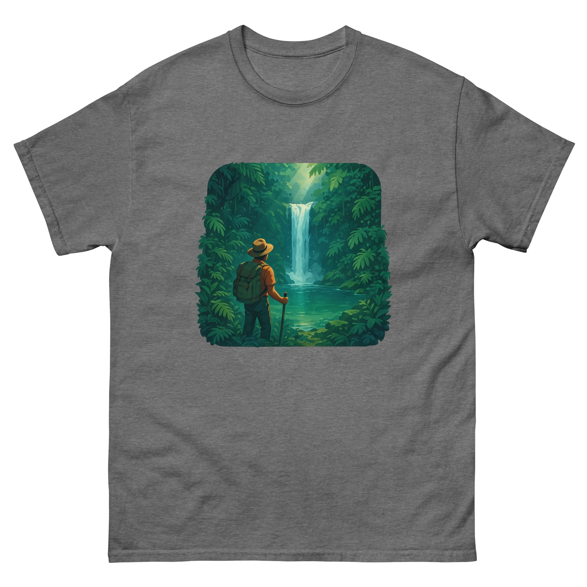 Waterfall Hike Hawaiian t-shirt design on a Graphite Heather unisex tee