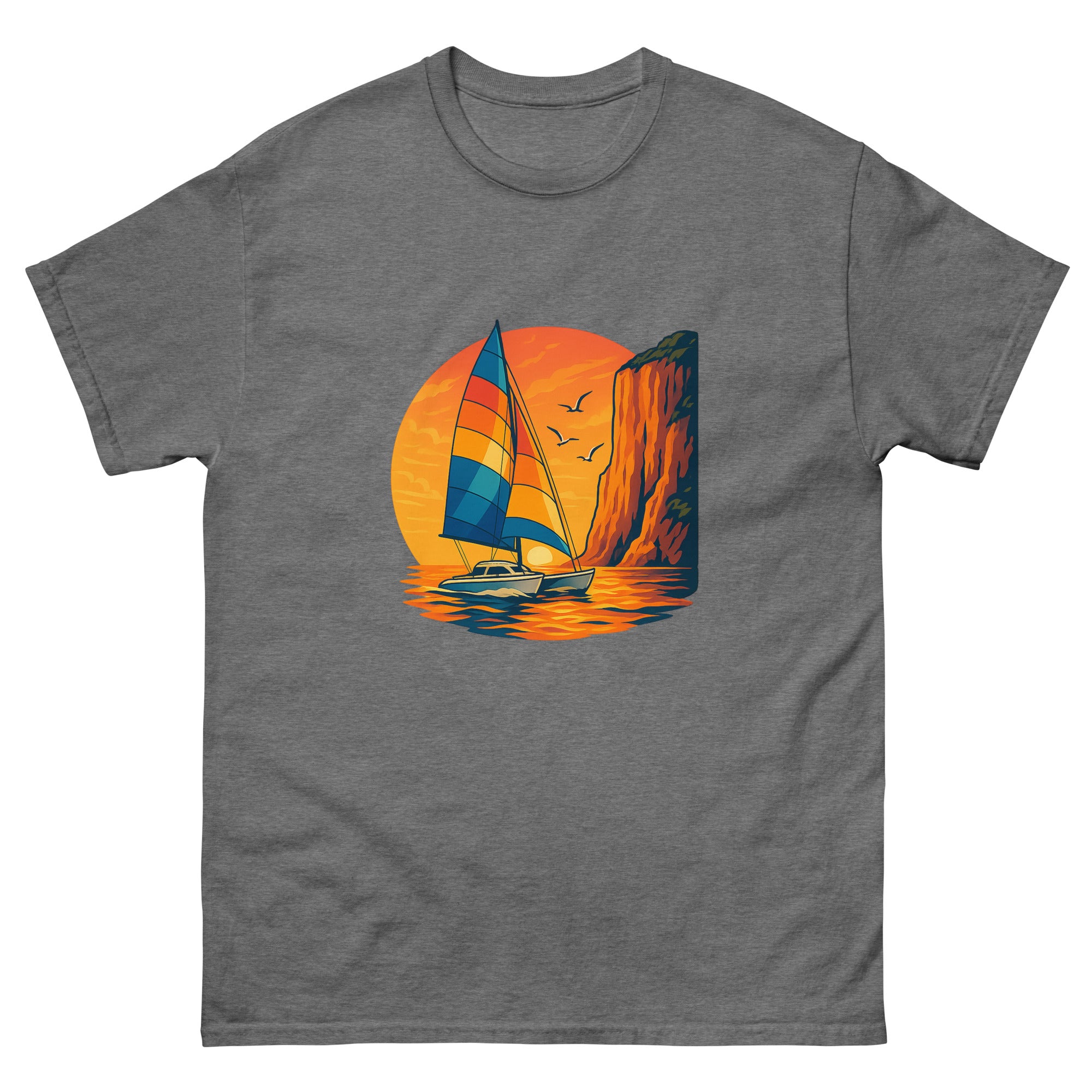 Catamaran Sunset Sail Hawaiian t-shirt design on a Graphite Heather unisex tee