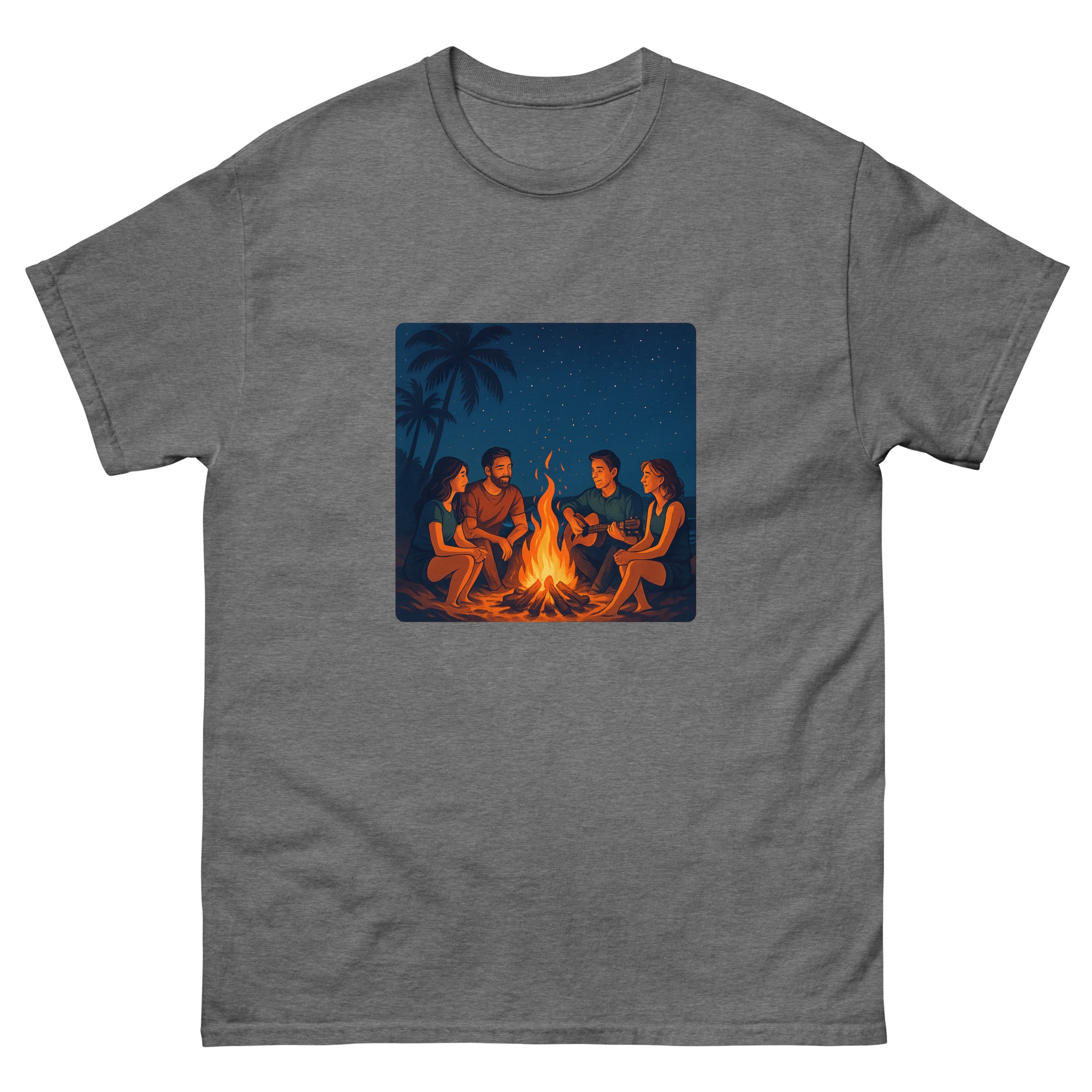 Beach Bonfire Night Hawaiian t-shirt design on a Graphite Heather unisex tee