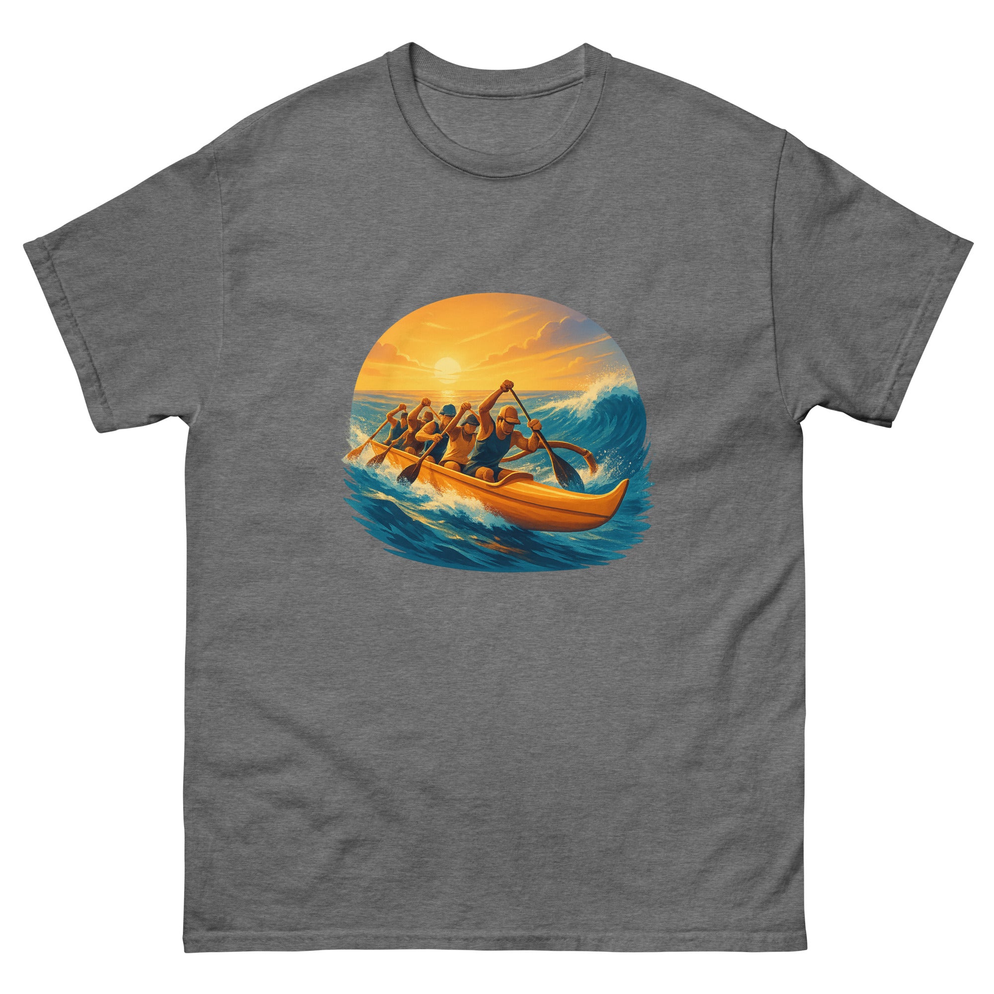 Outrigger Canoe Paddlers Hawaiian t-shirt design on a Graphite Heather unisex tee