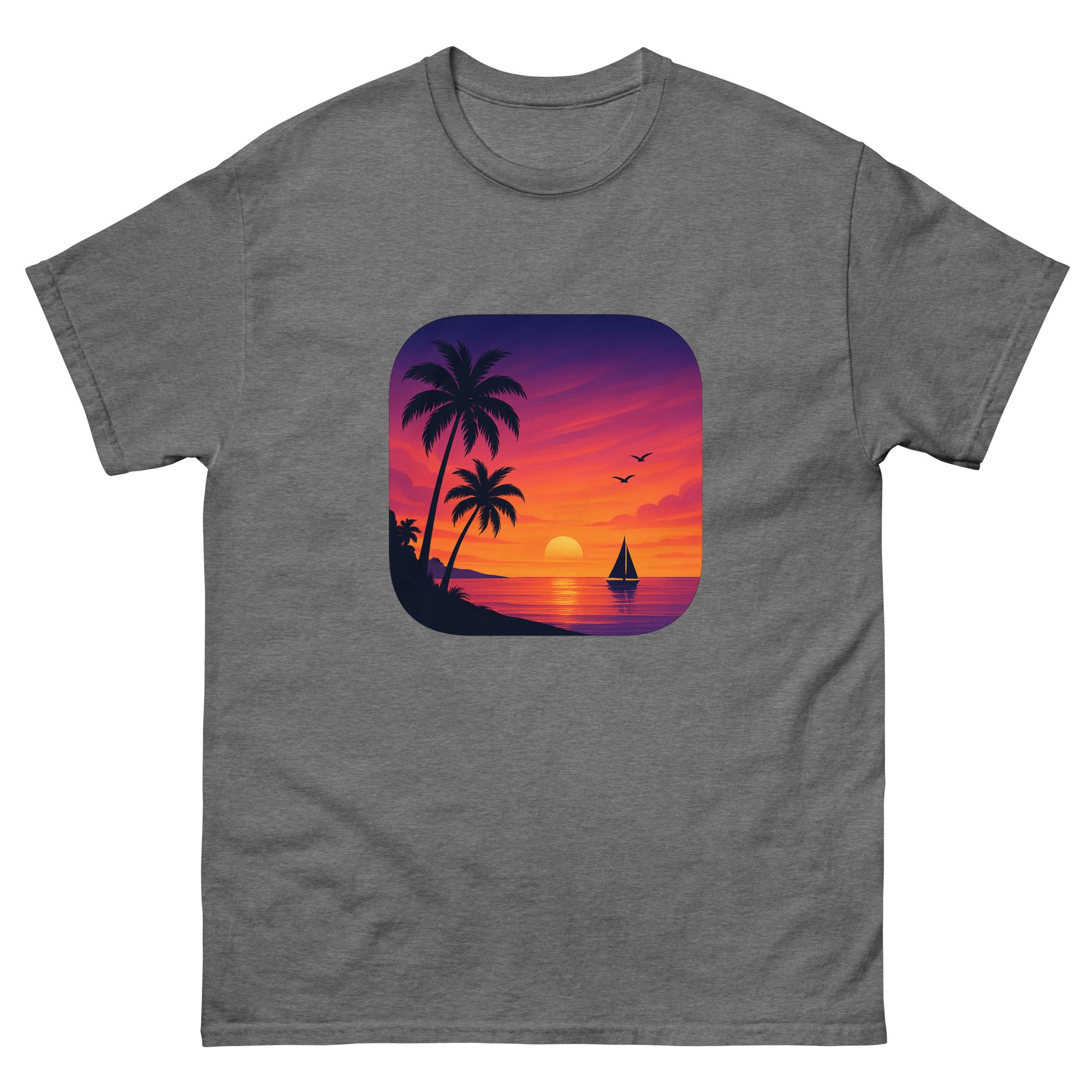 Sunset Palms Panorama Hawaiian t-shirt design on a Graphite Heather unisex tee
