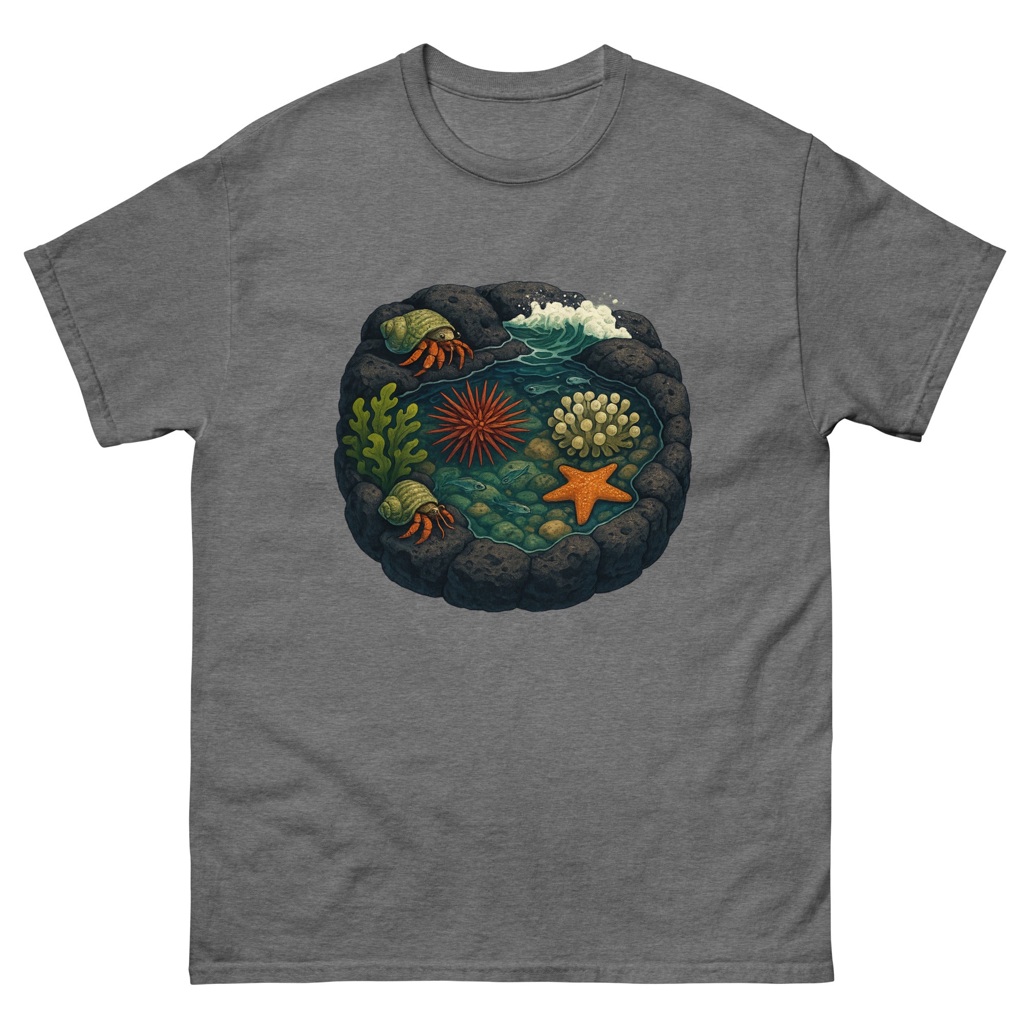 Tide Pools Hawaiian t-shirt design on a Graphite Heather unisex tee