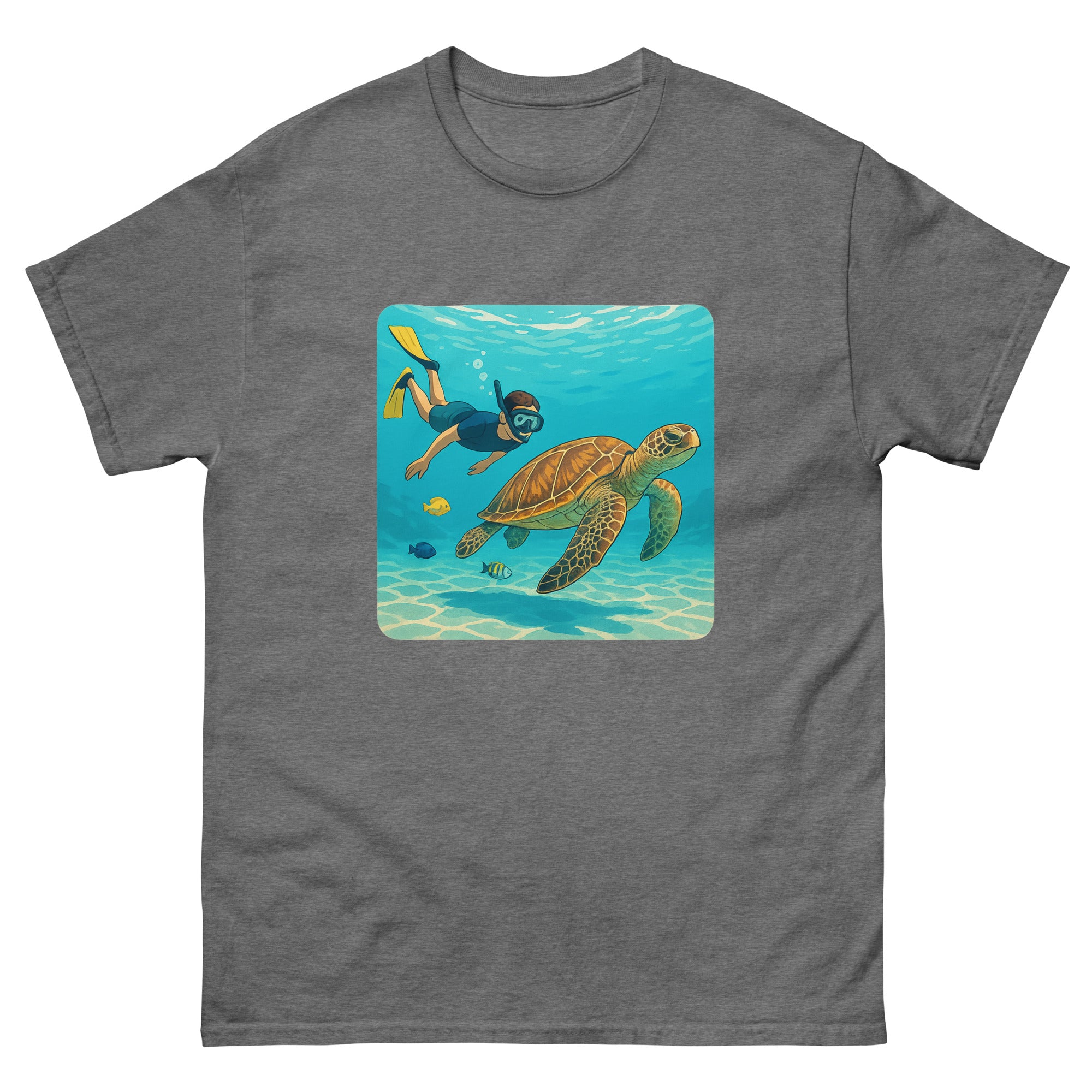 Snorkeler And Turtle Hawaiian t-shirt design on a Graphite Heather unisex tee