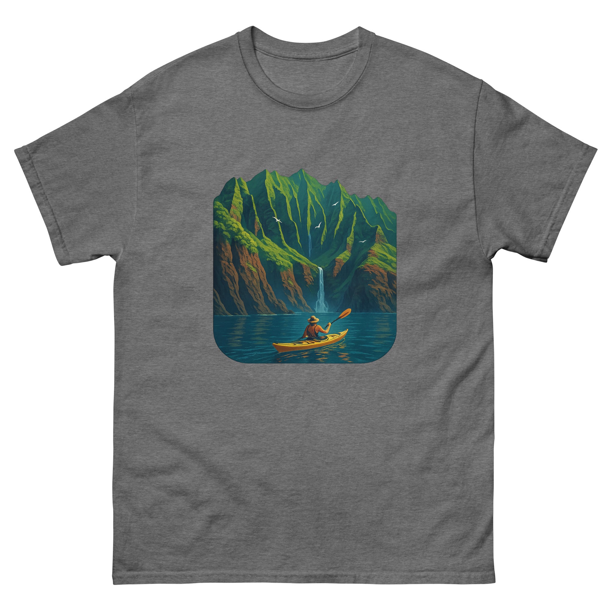 Kayaking The Coast Hawaiian t-shirt design on a Graphite Heather unisex tee