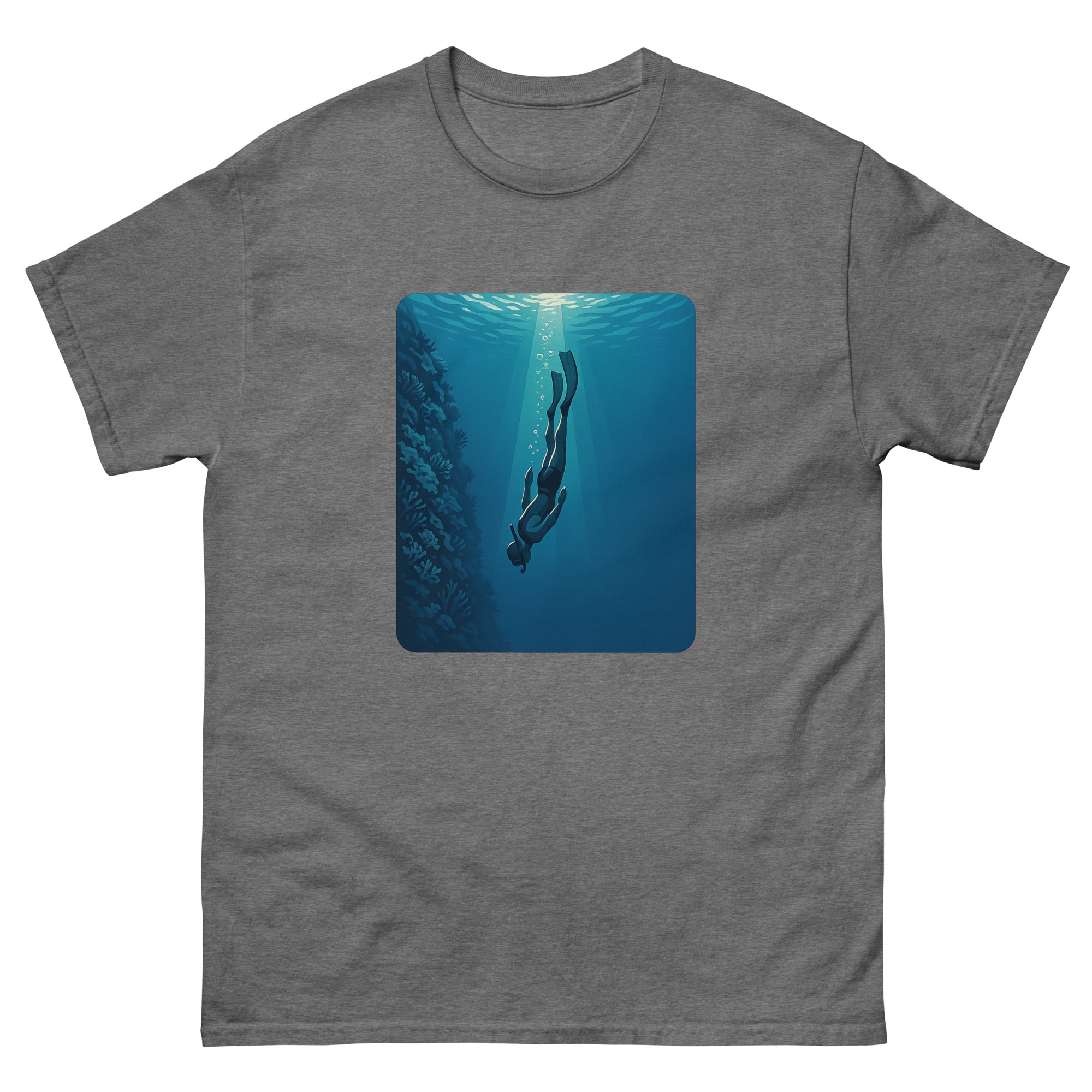 Free Diver Hawaiian t-shirt design on a Graphite Heather unisex tee
