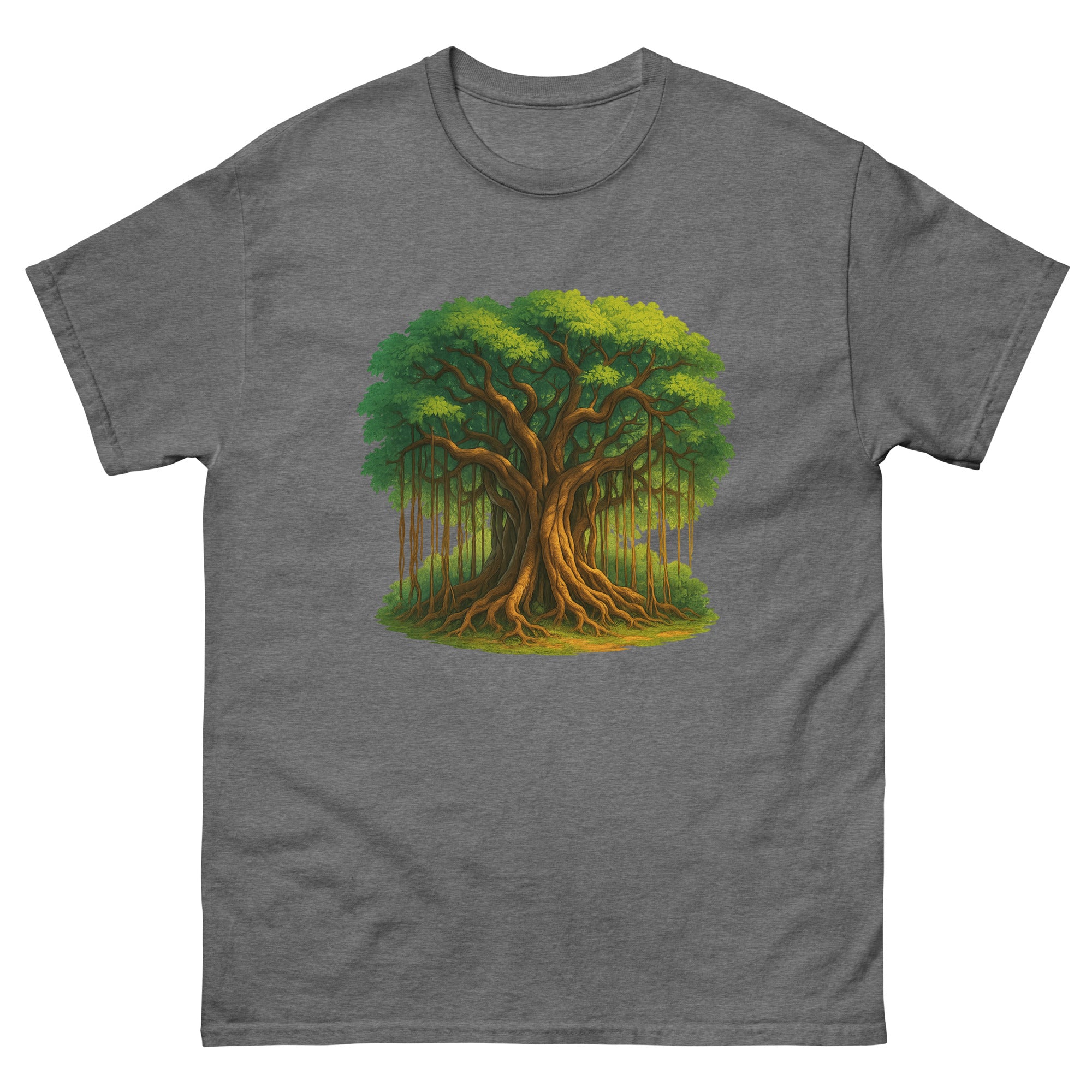 Banyan Tree Hawaiian t-shirt design on a Graphite Heather unisex tee