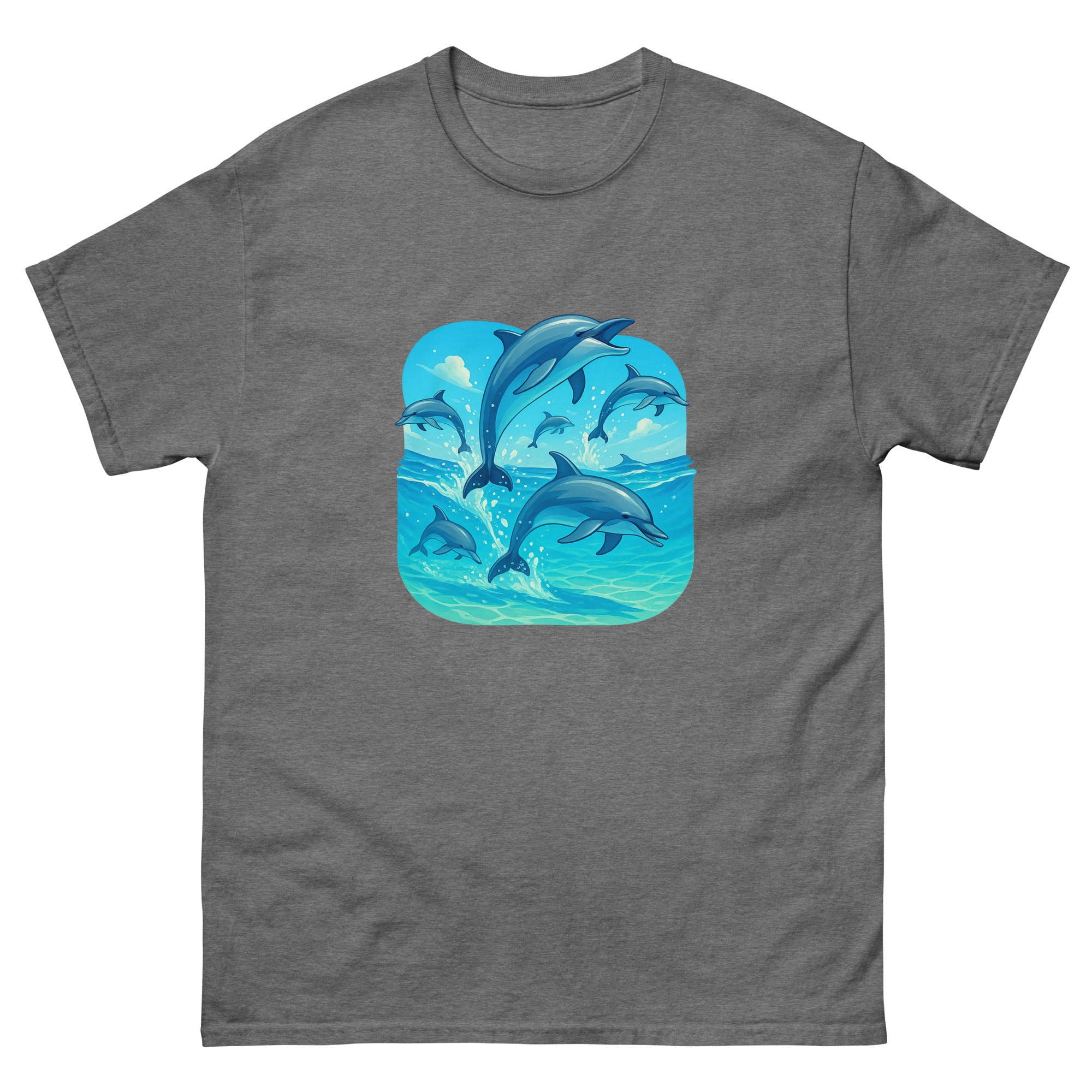 Spinner Dolphin Pod Hawaiian t-shirt design on a Graphite Heather unisex tee