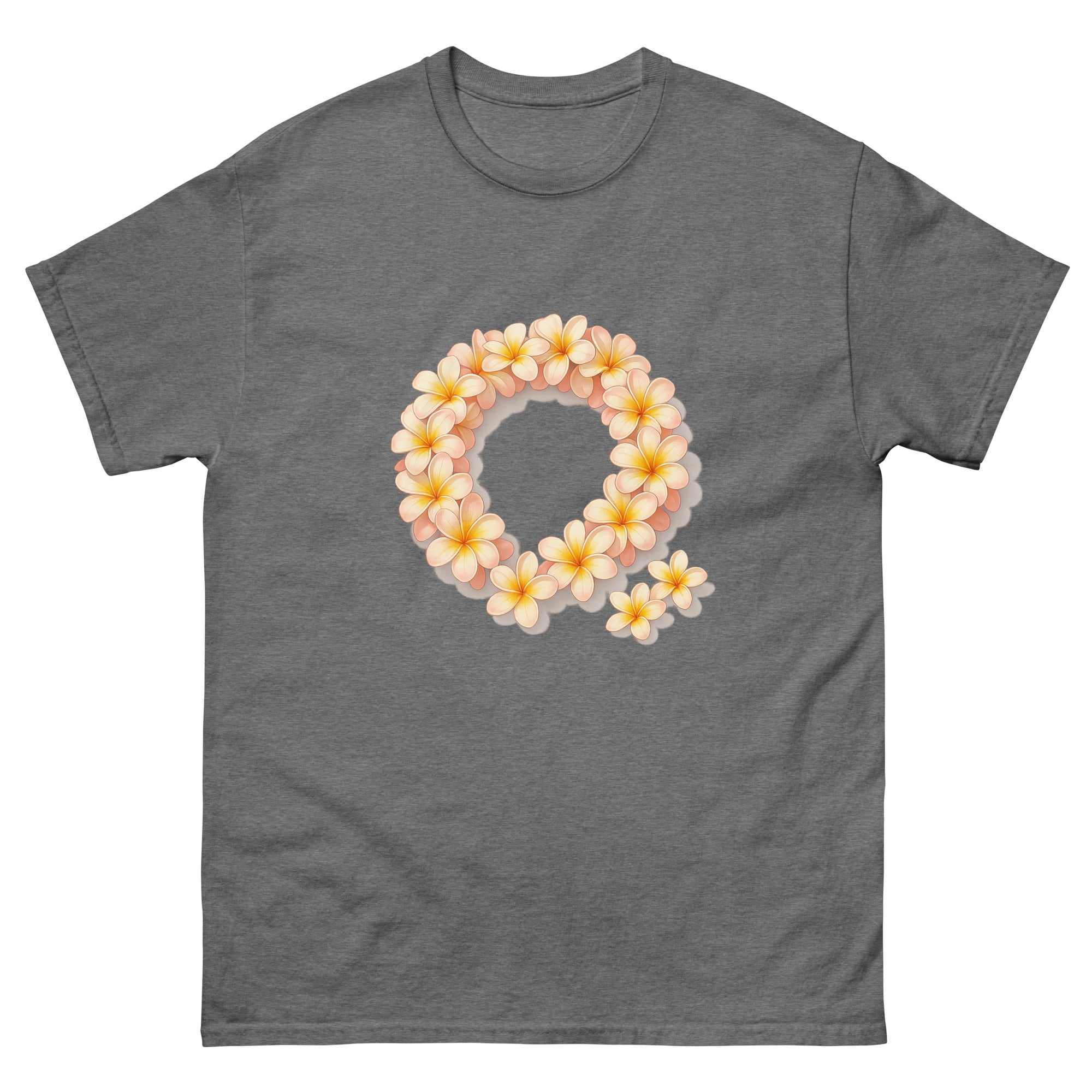 Plumeria Lei Hawaiian t-shirt design on a Graphite Heather unisex tee