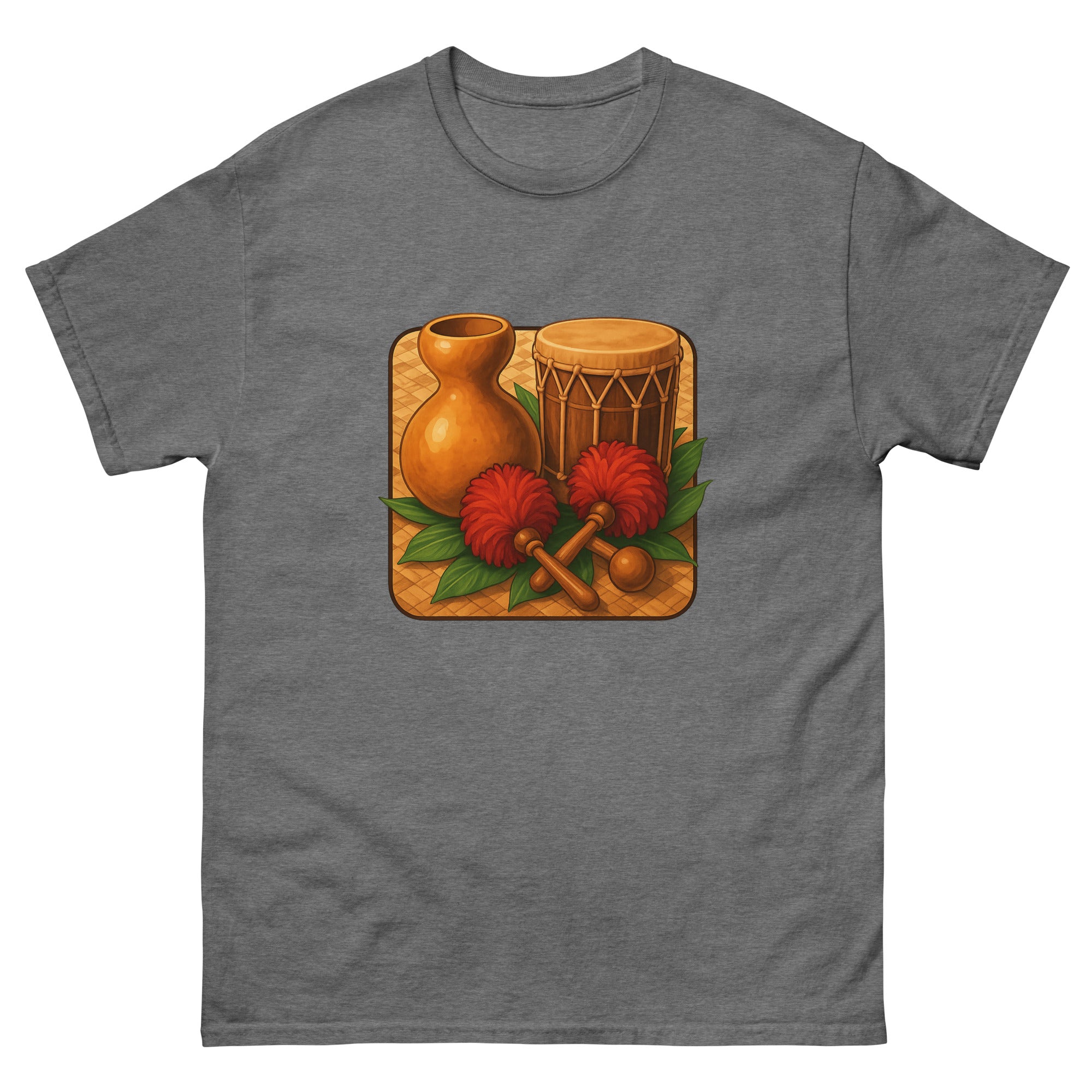 Hula Instruments Hawaiian t-shirt design on a Graphite Heather unisex tee