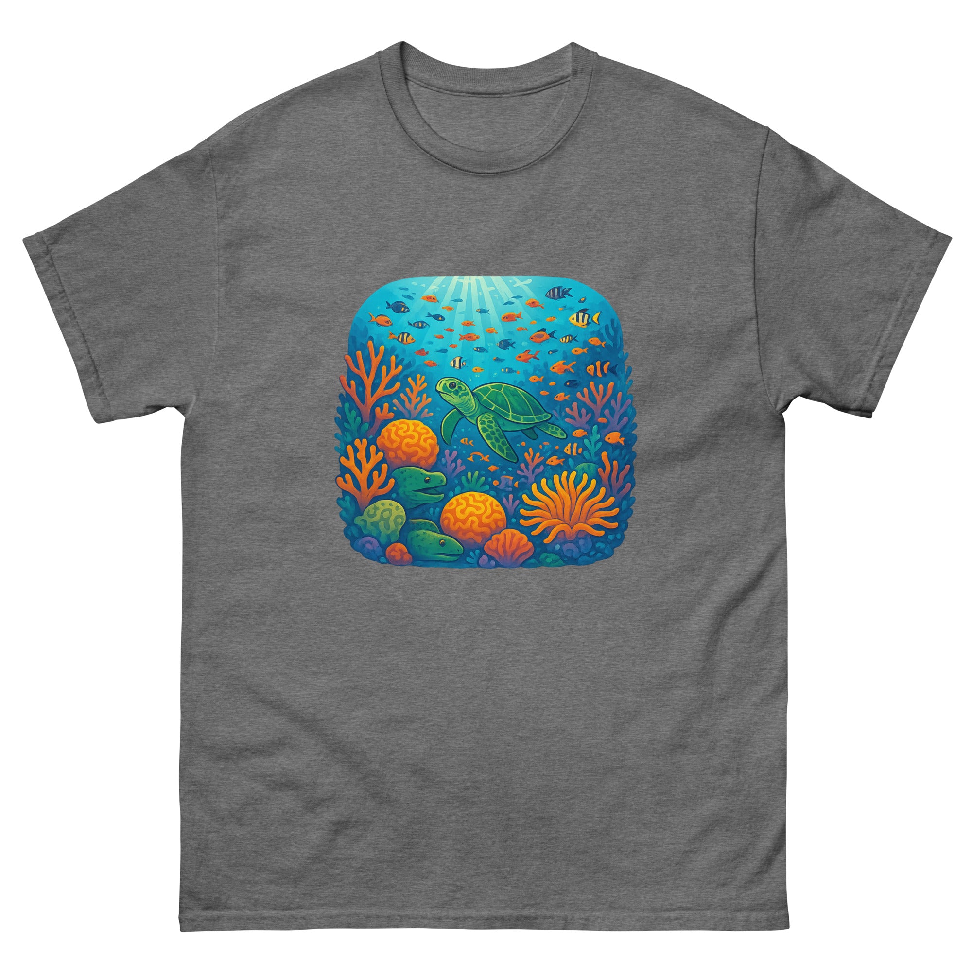 Coral Reef Garden Hawaiian t-shirt design on a Graphite Heather unisex tee