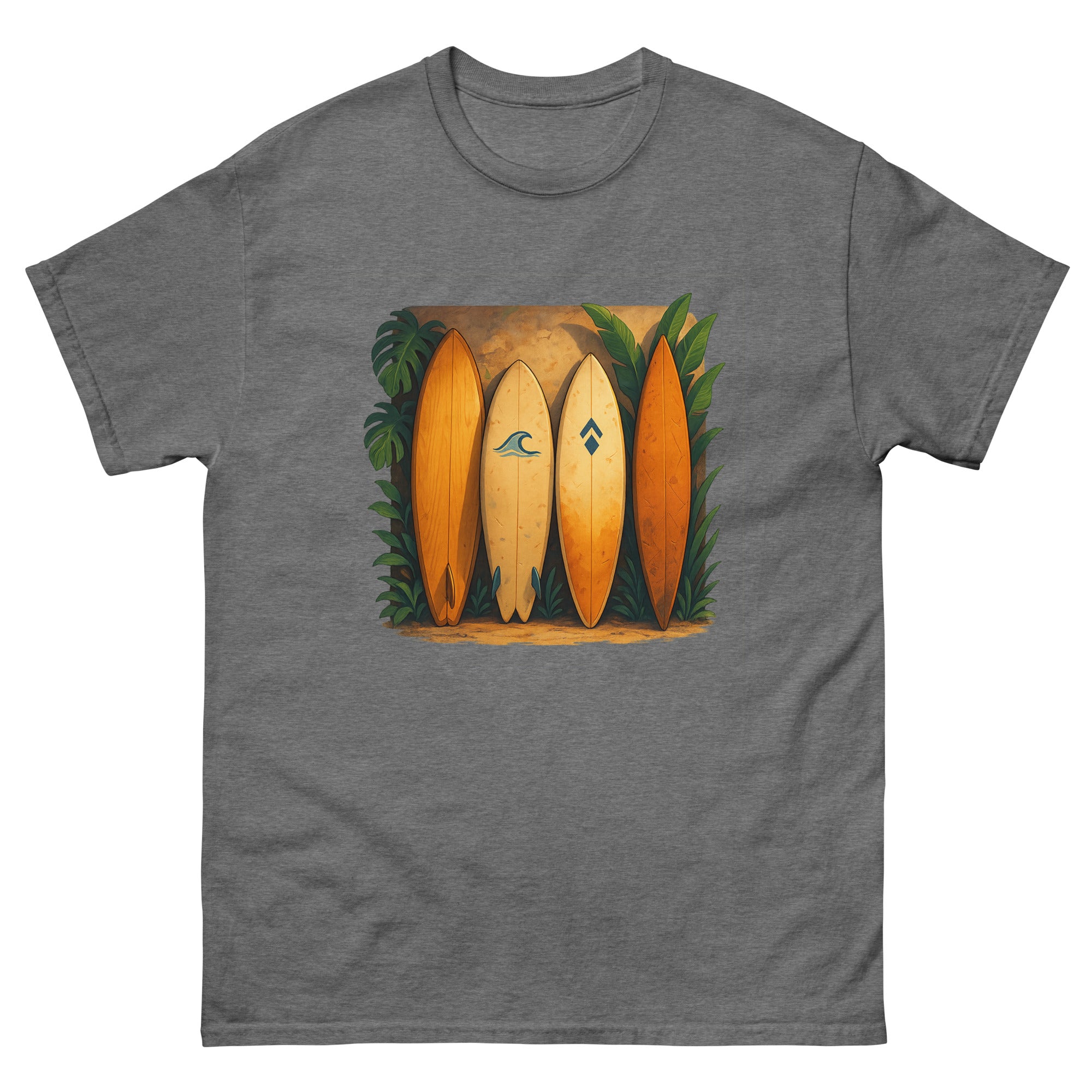 Surfboard Quiver Hawaiian t-shirt design on a Graphite Heather unisex tee