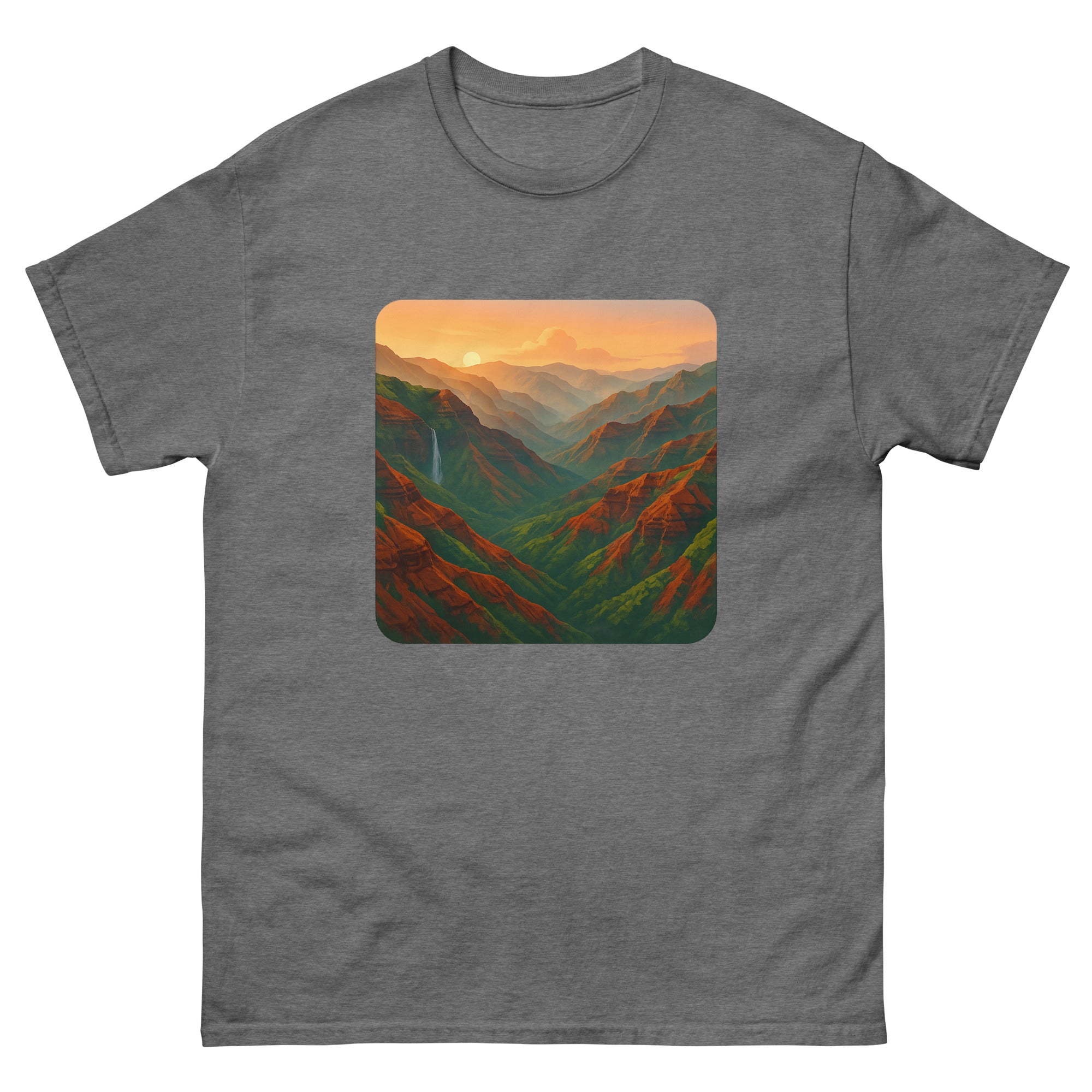 Waimea Canyon Sunrise Hawaiian t-shirt design on a Graphite Heather unisex tee