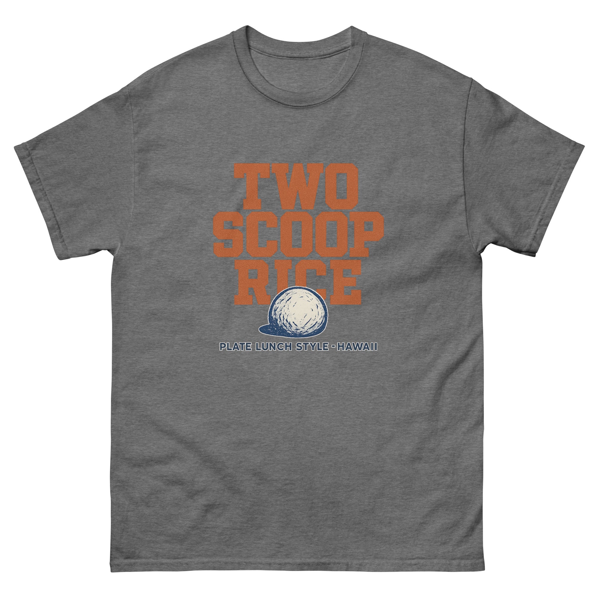 Two Scoop Rice Hawaiian t-shirt design on a Graphite Heather unisex tee