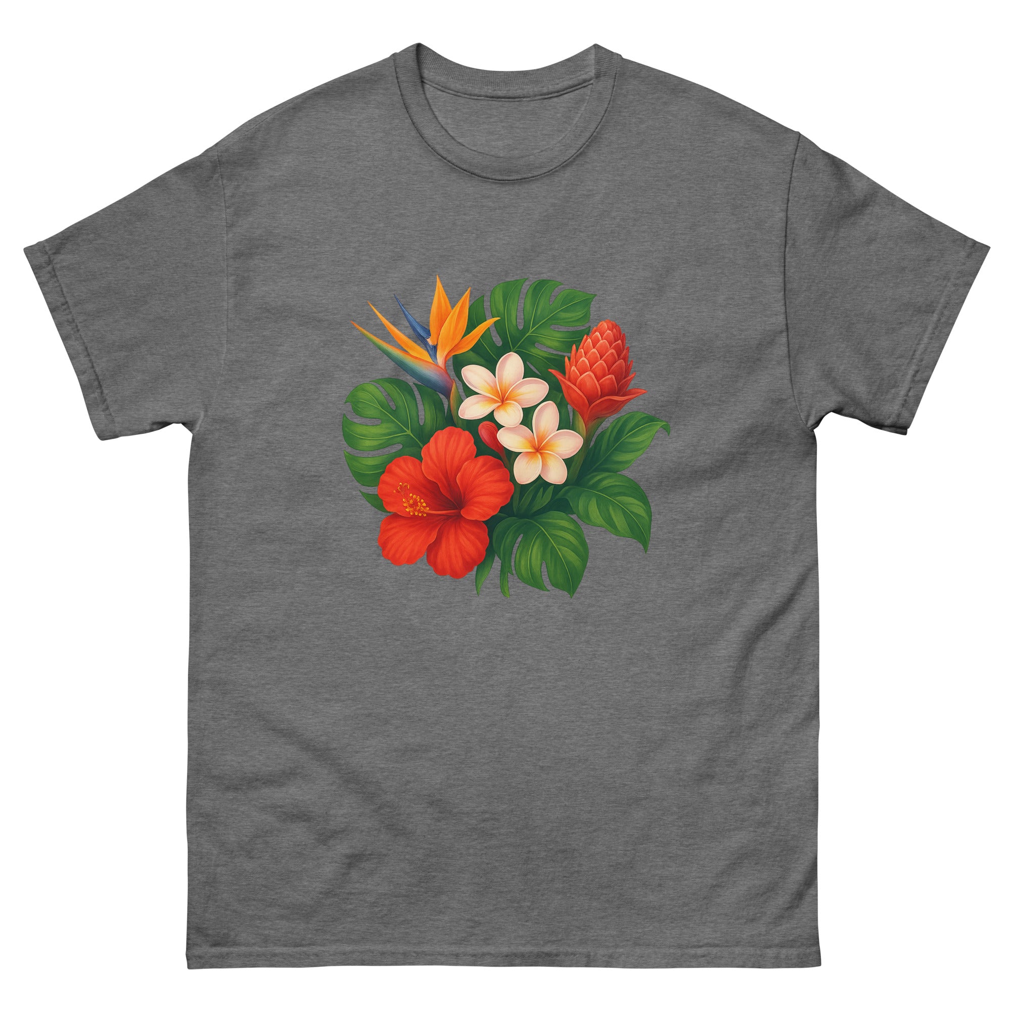 Tropical Flora Bouquet Hawaiian t-shirt design on a Graphite Heather unisex tee