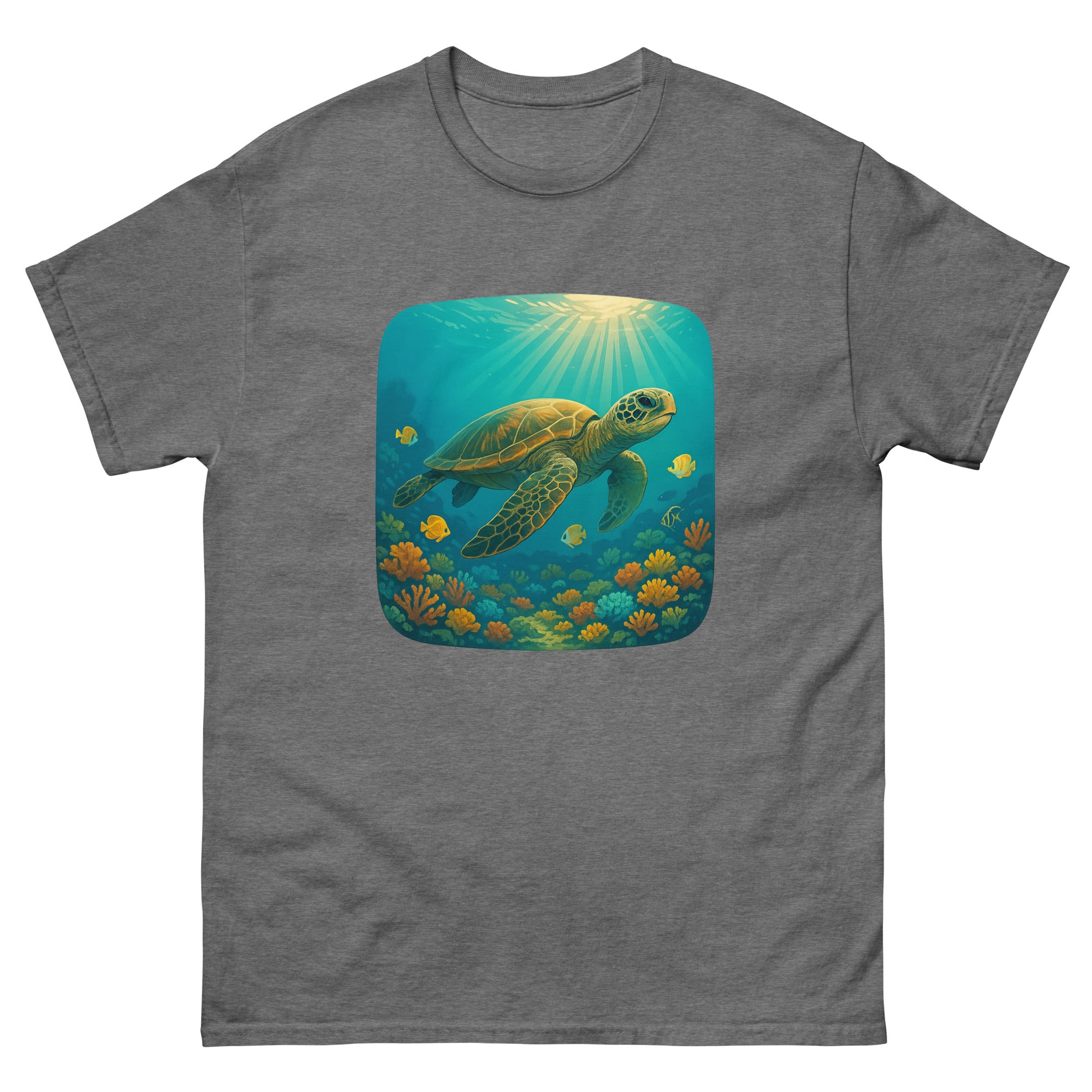 Honu Reef Scene Hawaiian t-shirt design on a Graphite Heather unisex tee