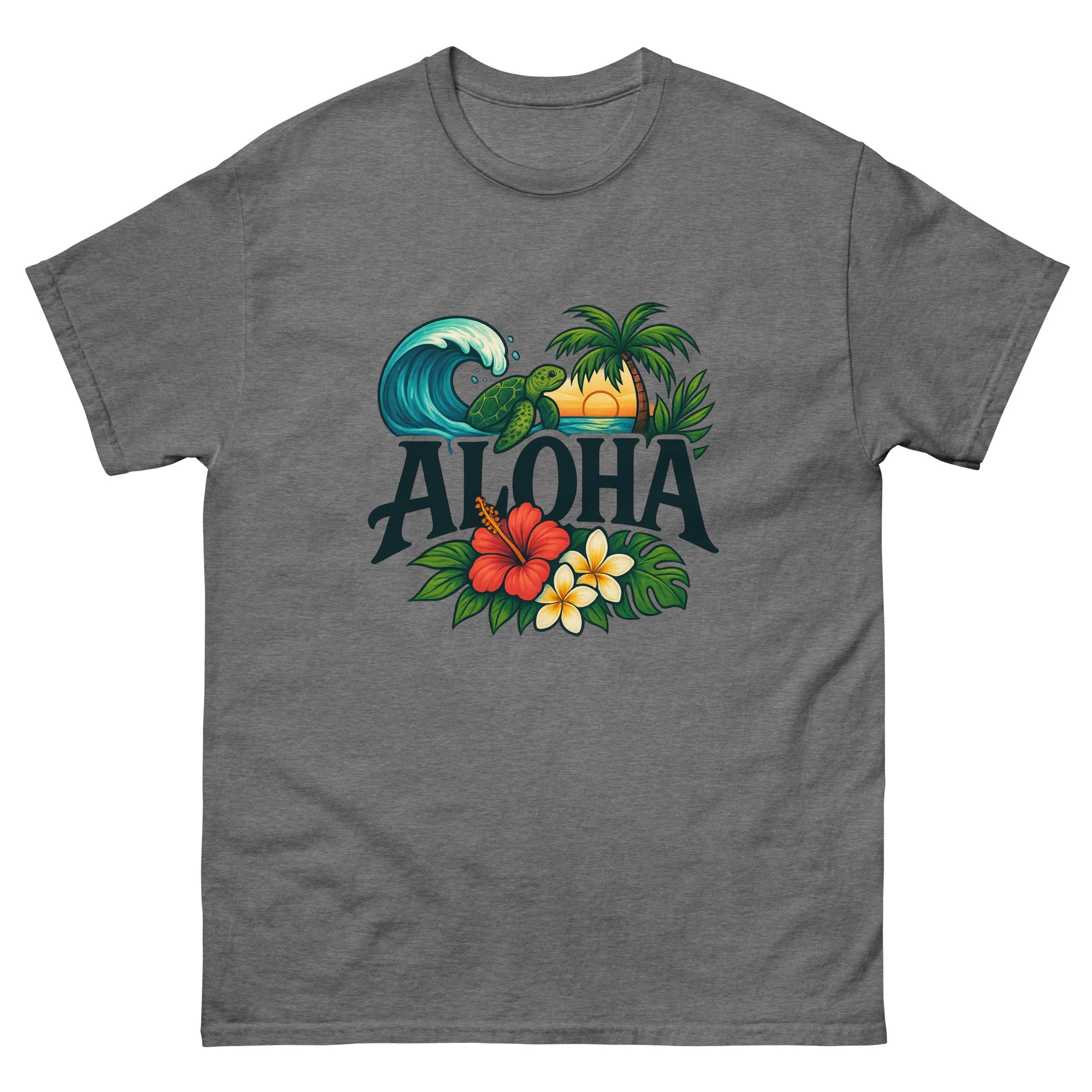 Aloha Illustrated Type Hawaiian t-shirt design on a Graphite Heather unisex tee