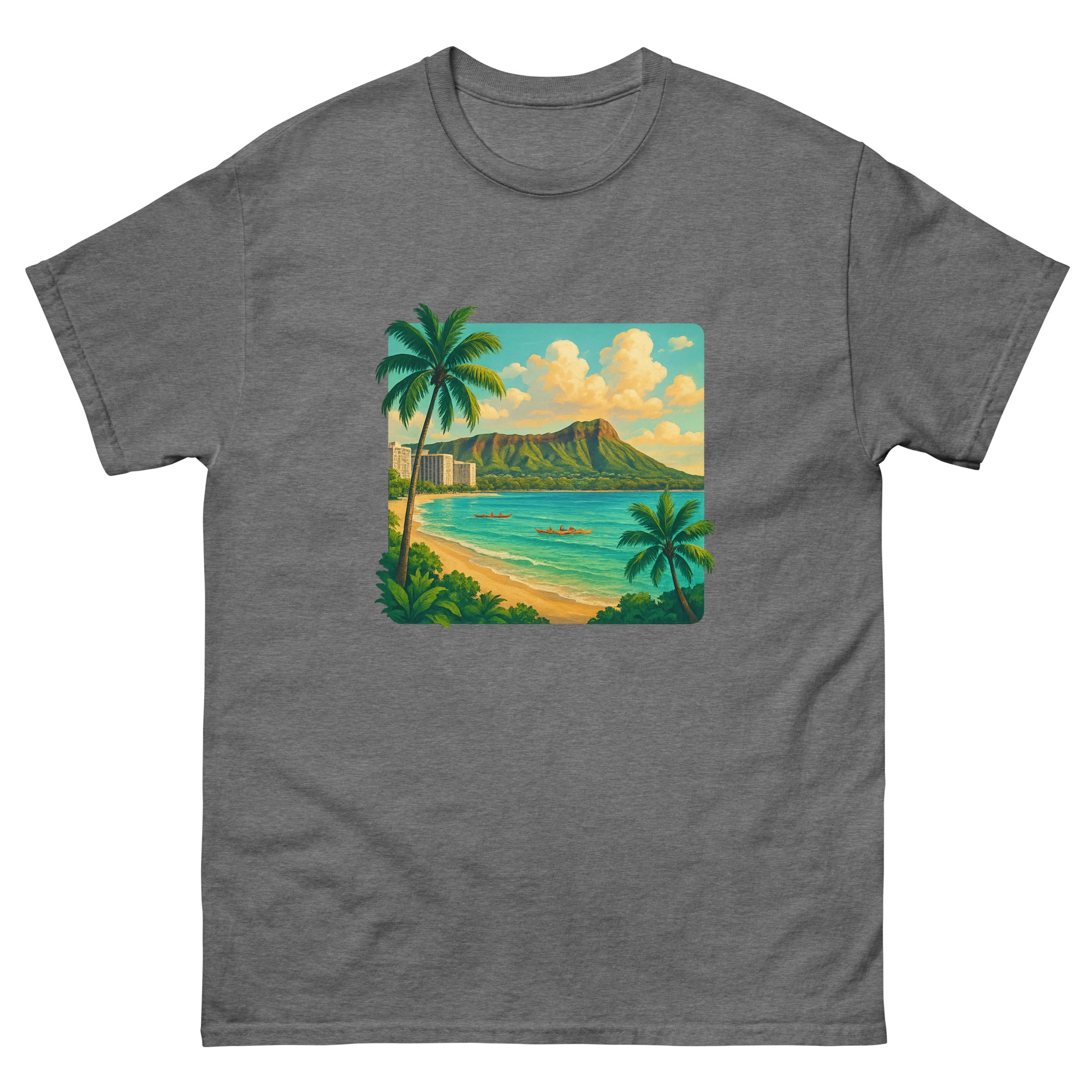 Diamond Head Vista Hawaiian t-shirt design on a Graphite Heather unisex tee