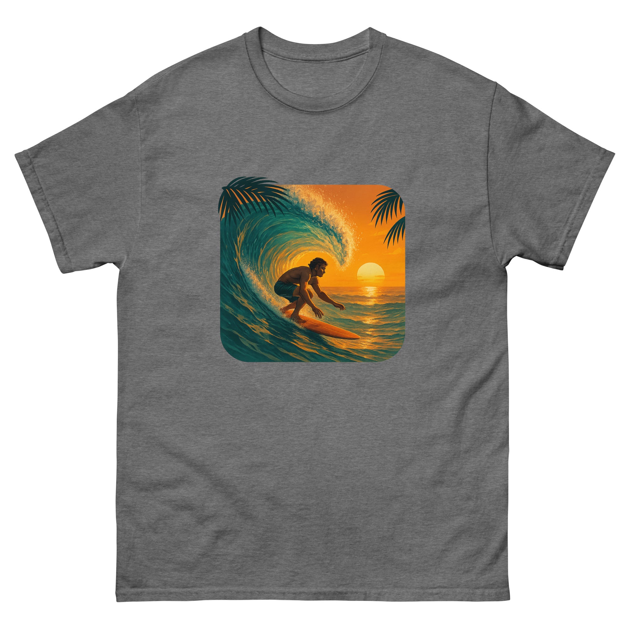 Golden Hour Surf Hawaiian t-shirt design on a Graphite Heather unisex tee