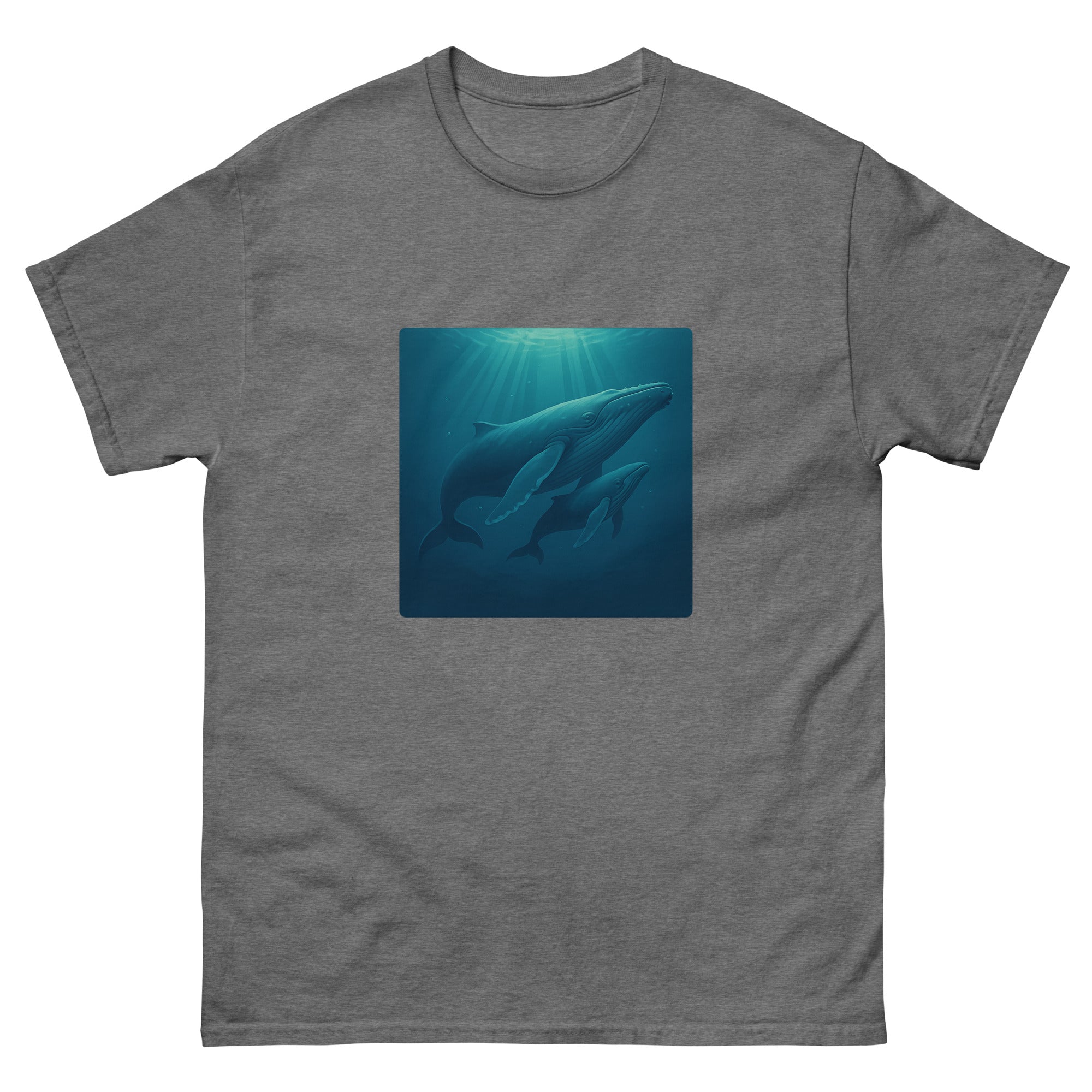 Humpback And Calf Hawaiian t-shirt design on a Graphite Heather unisex tee