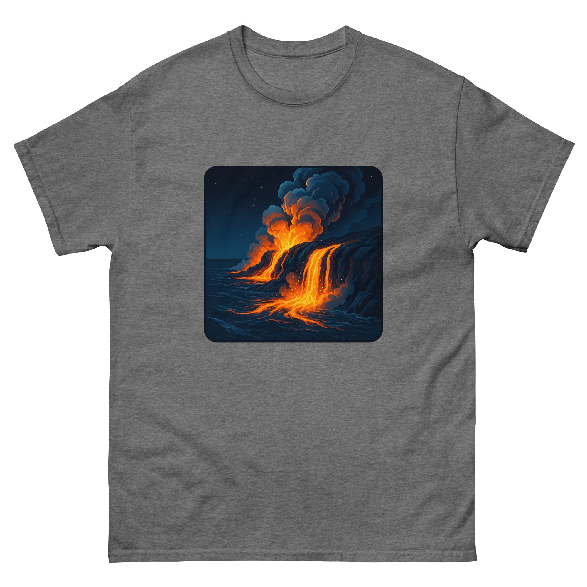 Volcano Glow Hawaiian t-shirt design on a Graphite Heather unisex tee