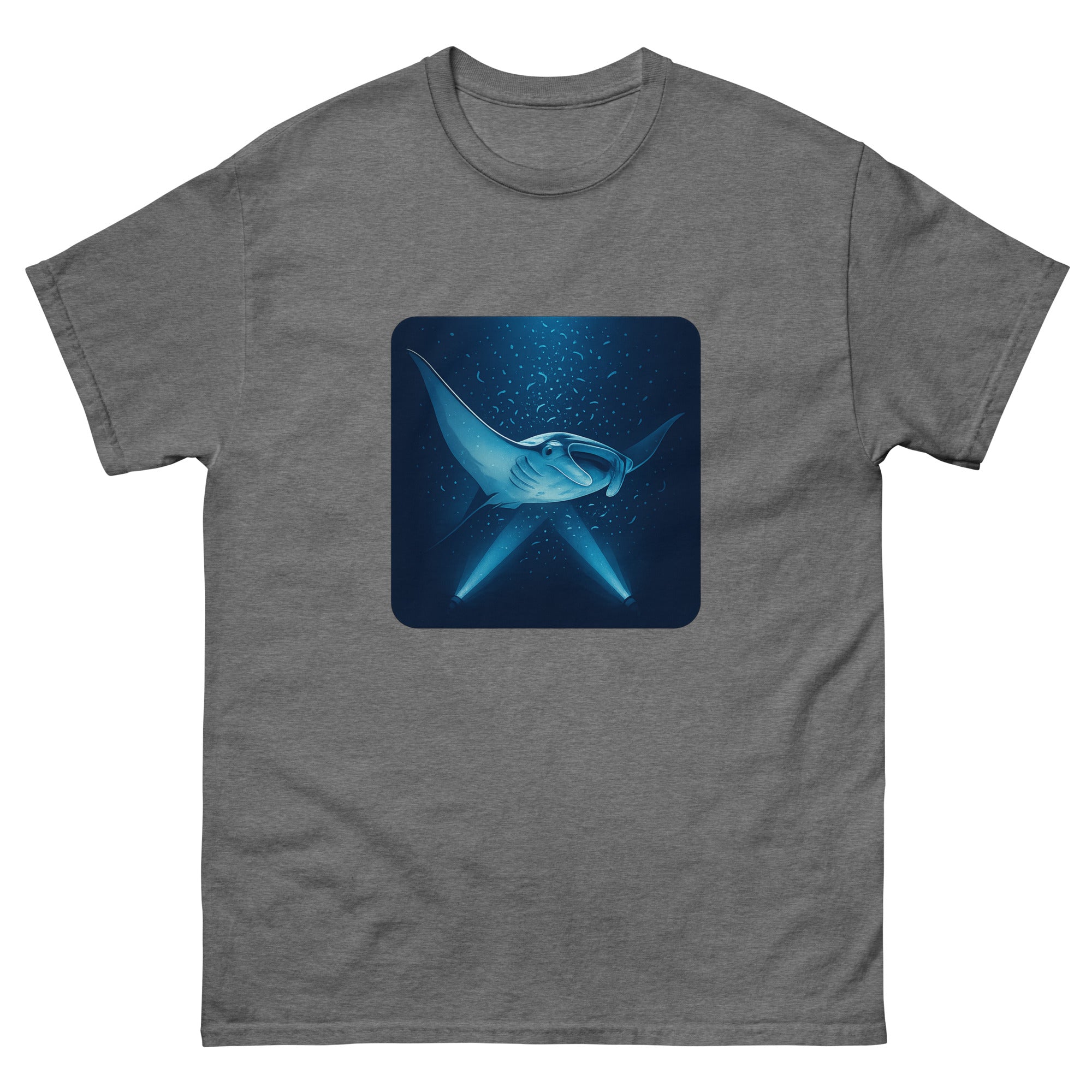 Manta Ray Night Dive Hawaiian t-shirt design on a Graphite Heather unisex tee