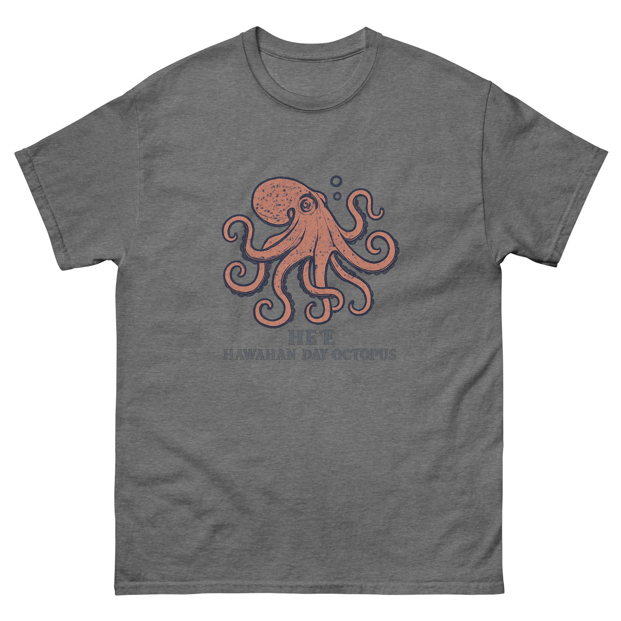 Hee Octopus Hawaiian t-shirt design on a Graphite Heather unisex tee